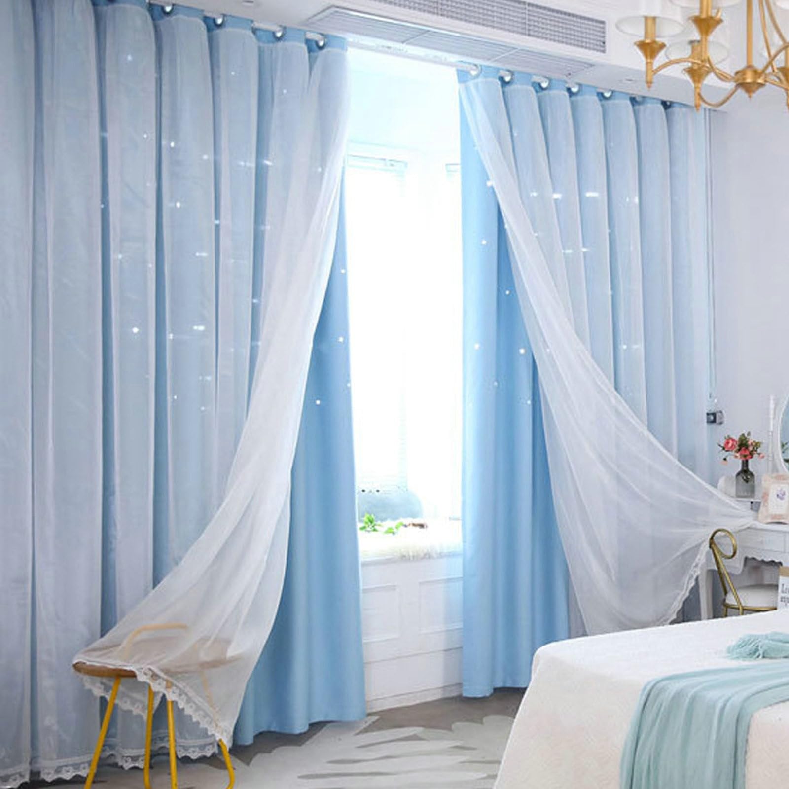 Epinki Fenster Vorhang Deko Blau 2er Set, Stern Schlafzimmer Vorhänge Modern, Ösen Vorhang Gardinenschiene Polyester für Deko Wohnzimmer Schlafzimmer, Jeder B 86 x H 138cm