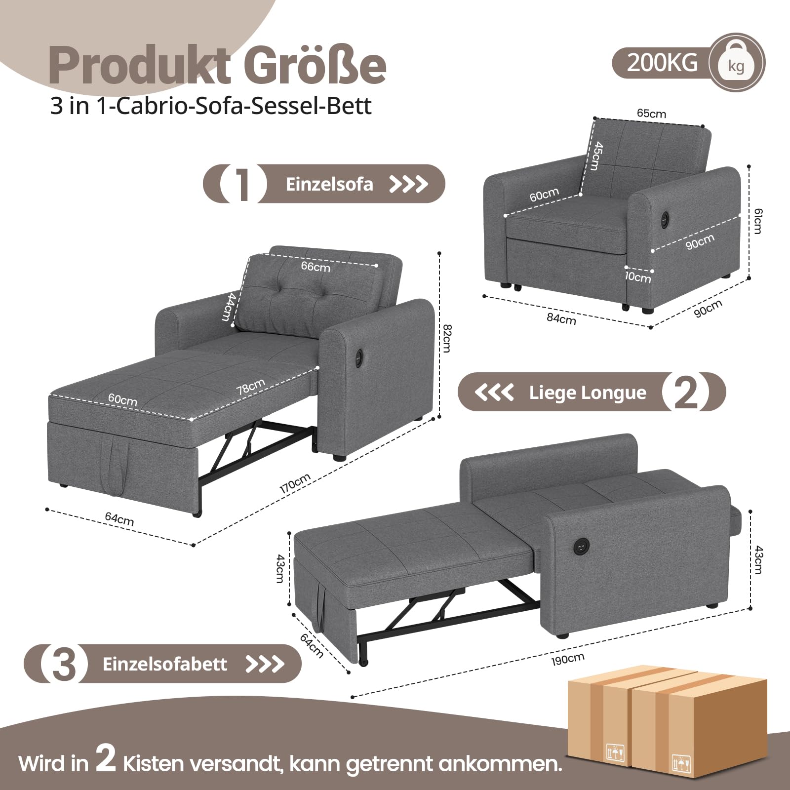Schlafsofa 190×84cm mit USB & Typ-C-Anschluss, 3-in-1 Schlafsessel, Sofa Bett, Verstellbare Rückenlehne, 3 Winkel, Mit Seitentasche, Ideal für Wohnzimmer Wohnungen, Grau