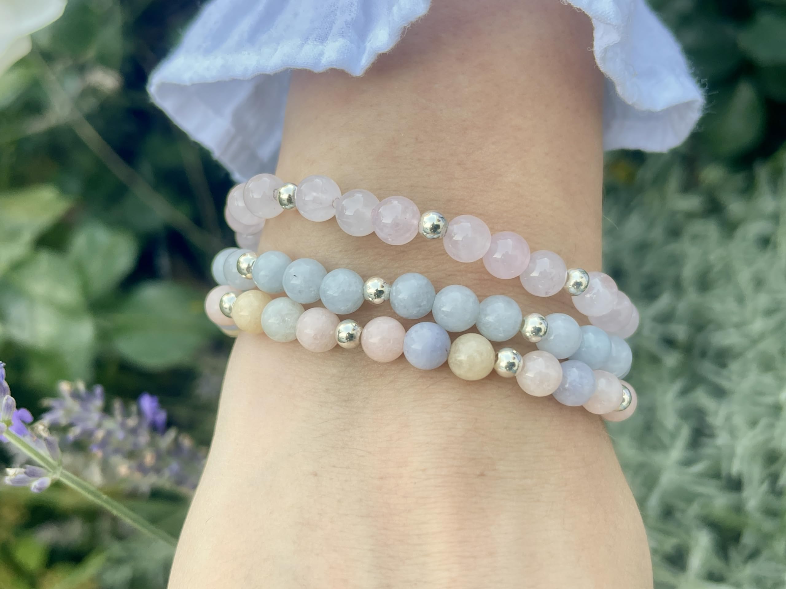 Aquamarin Armband Perlen echt 6mm mit Edelstahlperlen 4mm Silber Gold Roségold oder Ionisiert - Handmade Perlenarmband Selbstbewusstsein Liebe Glück Frieden - Spiritueller Schmuck Unisex