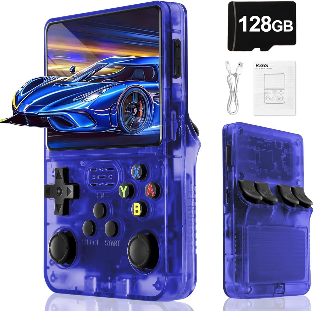 R36S Retro Handheld Video Game Console -With Linux System,3000mAh Battery,3.5 Inch Screen,30000+ Classic Games,Portable Game Console for Present to Give Friends for Christmas-(Blue)(128GB)