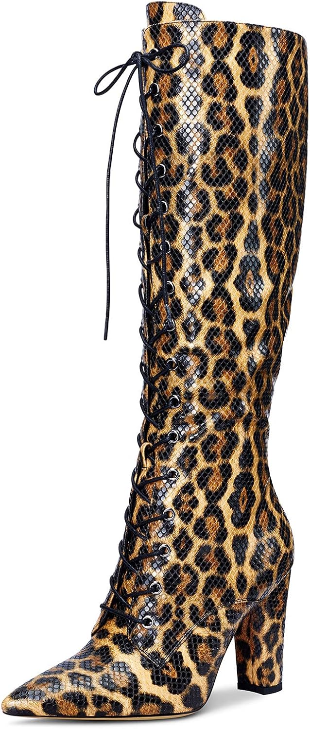 Castamere Womens Mid Calf Chunky Block Heel Boots Pointed Toe Lace Up Boot with Zipper 10CM Heels