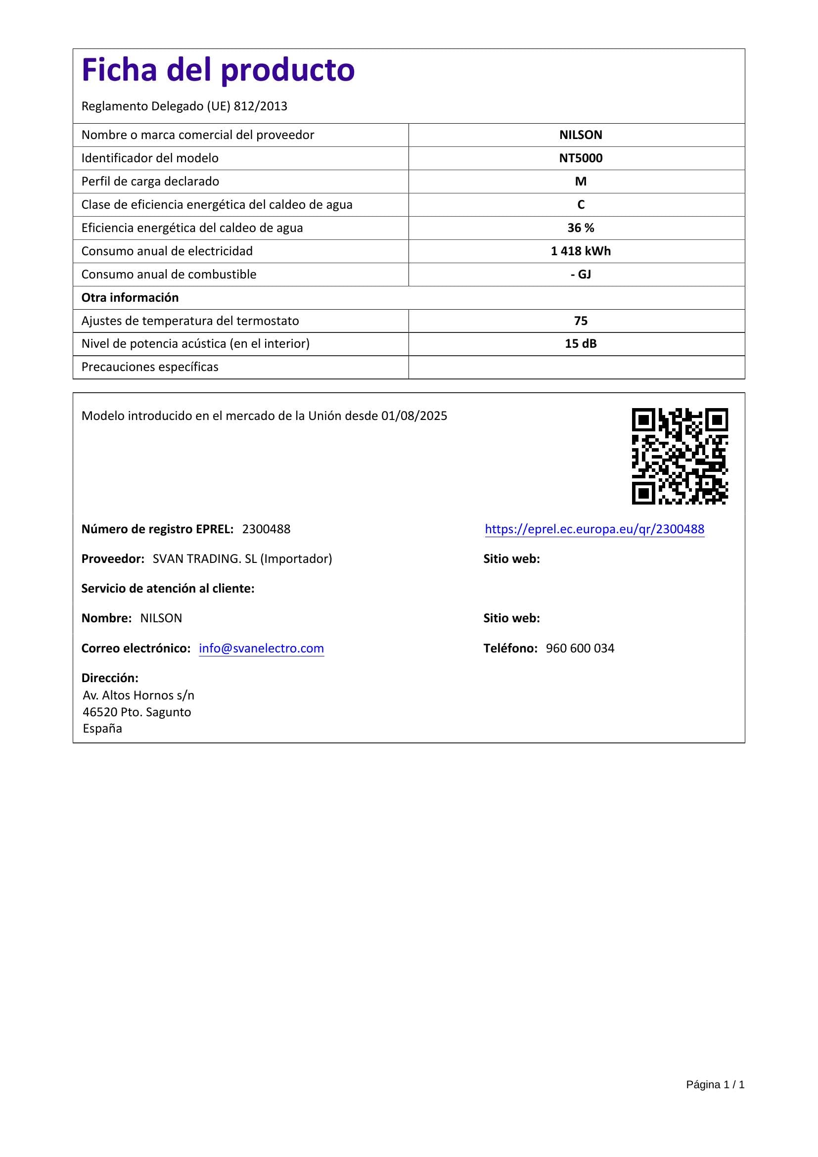 Nilson Termo Eléctrico Vertical 50 Litros NT5000. Instalación Vertical, 1500W, Incluye Kit de Montaje, Resistencia de Acero inoxidable, Blanco, Eficiencia Energética Clase C