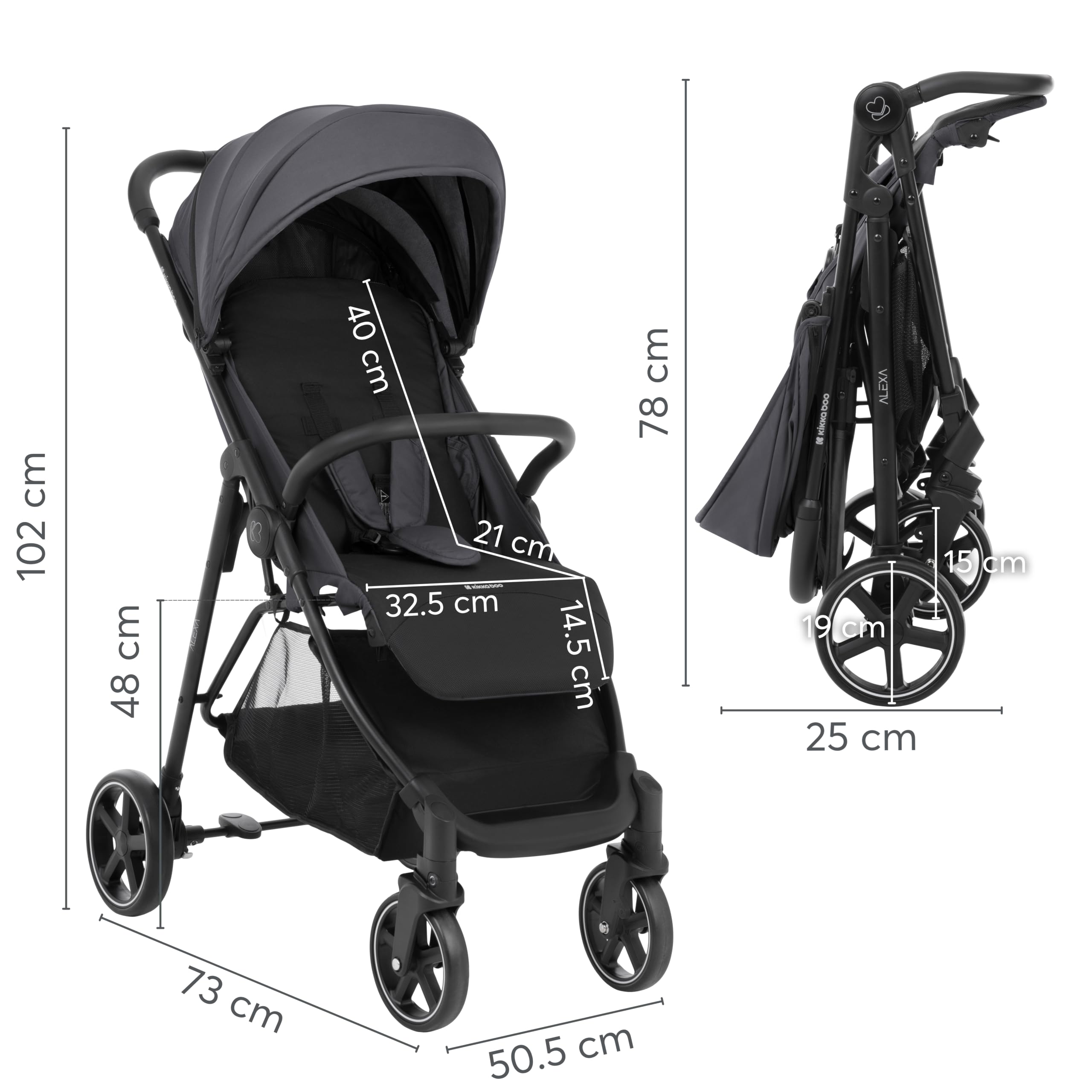 KikkaBoo ALEXA Silla de Paseo Ligera desde Nacimiento hasta 22 kg, Plegado con una Mano, Respaldo Reclinable con Posición Tumbada, Suspensión en Todas las Ruedas, Reposapiés Ajustable, Gris Oscuro