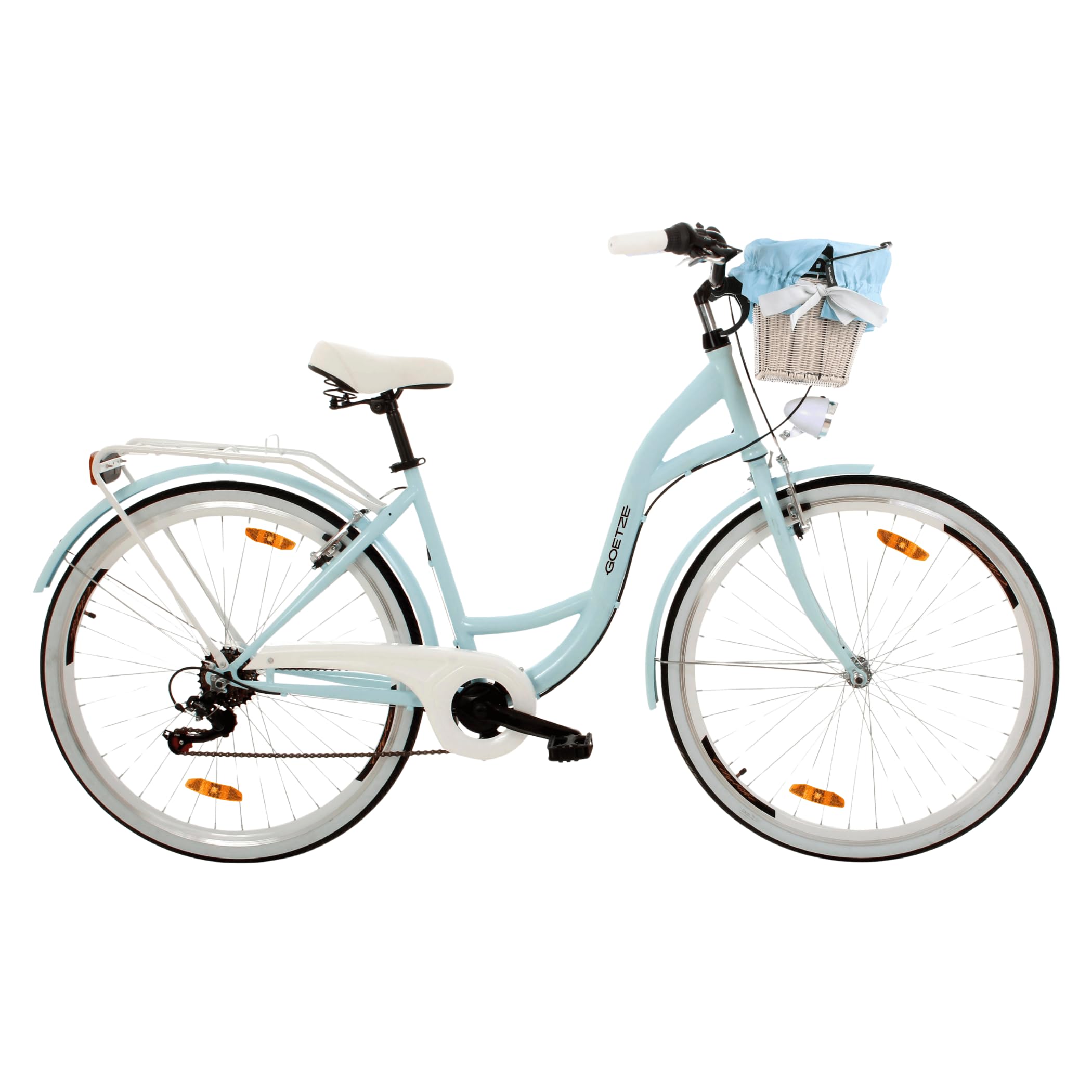Goetze Mood Bicicleta de ciudad para mujer de 28 pulgadas, marco de 18 pulgadas, cambio de cadena de 7 marchas, freno en V delantero y trasero, iluminación LED, portaequipajes, sillín cómodo,
