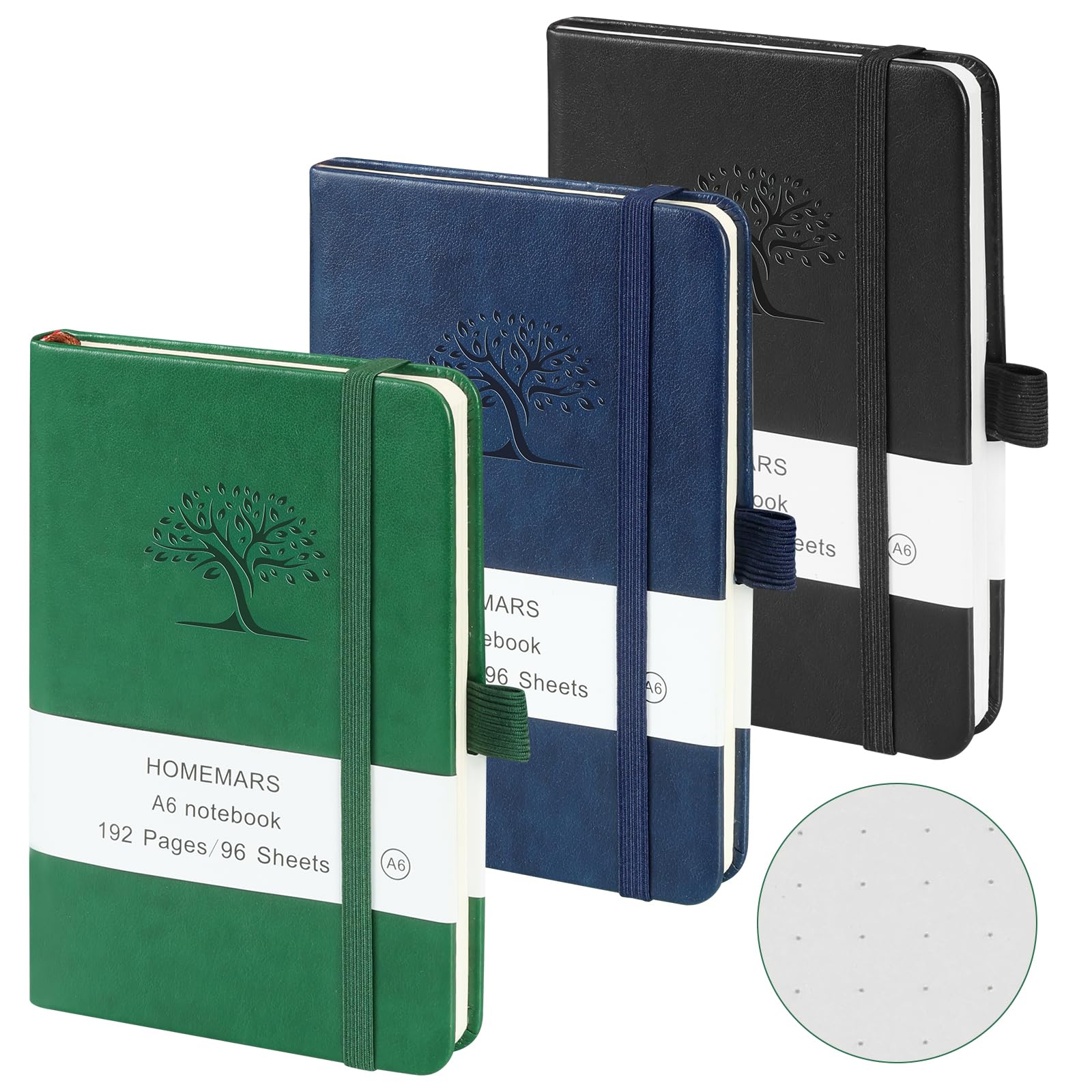 HOMEMARS Pocket Notebook, 3 Pack, Bullet Dotted Journal, Pocket Notepad,14.4 cm x 9.6cm, A6 Notebook, Small Notepad, Black, Green, Blue, 80GSM,192 Pages Each, Hardcover, Embossing Tree Design, Dotted