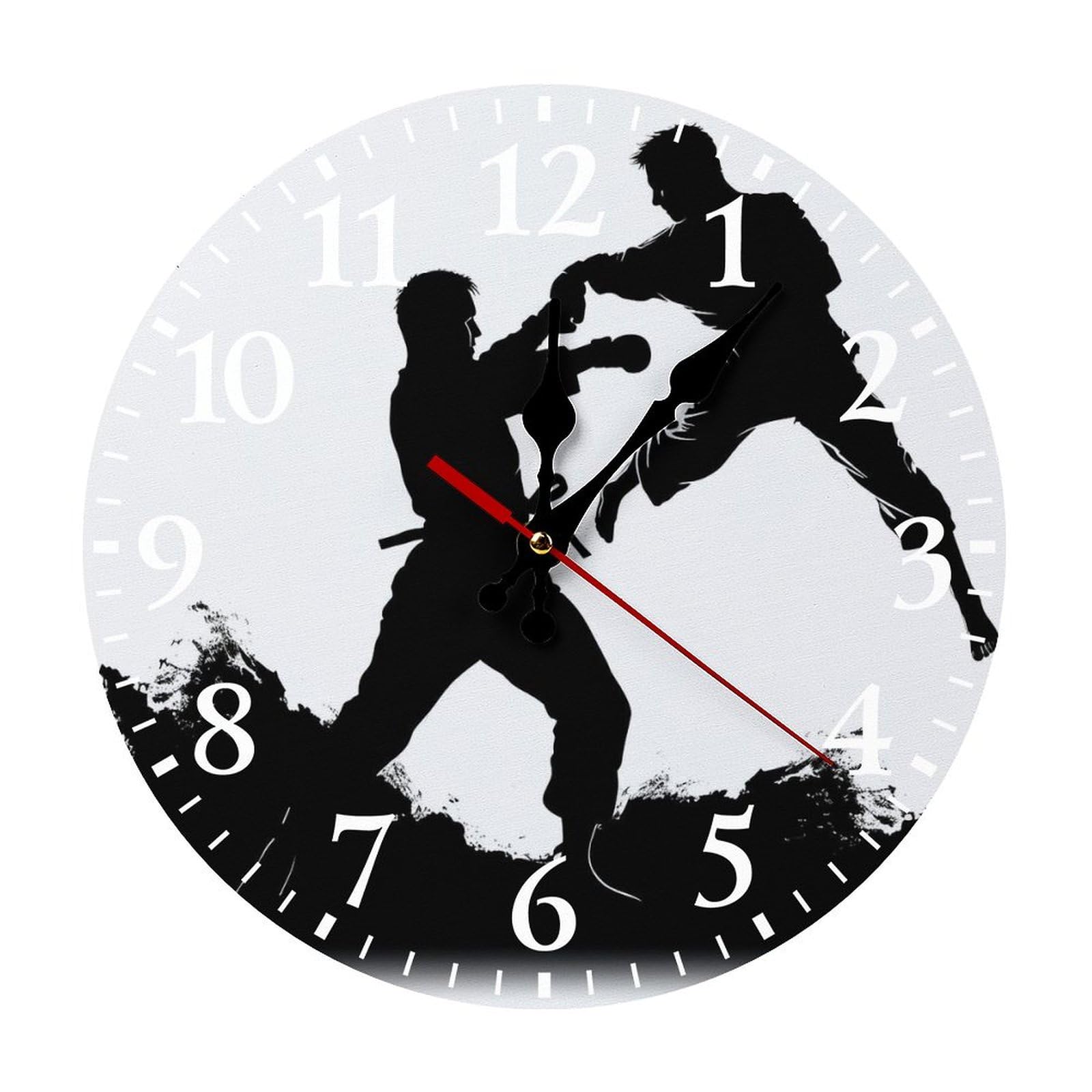 QMNLKH Kickboxing Wall Clock for Home, Battery Operated Clock for Hotel, Round Wall Clock with Arabic Numerals White, Easy to Read, Non-Ticking Clocks for Living Room 30 * 30cm