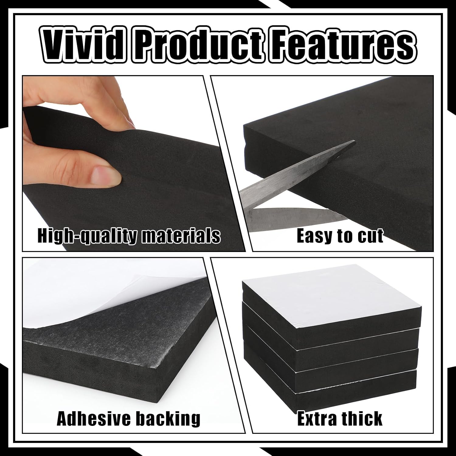 4 Pcs 1" Thick Foam Padding Sheet with Adhesive Backing Closed Cell 4 Inch x 4 Inch Self Stick Neoprene Insulation Foam Sheet Black for Furniture Cars Speakers