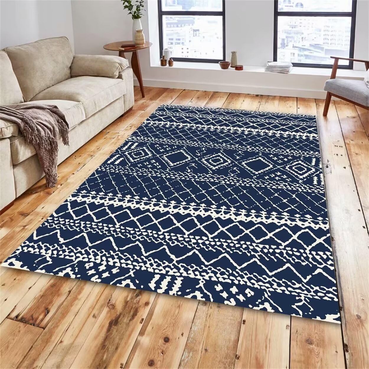 GX-YJXLiving Room Accessories For HomeCute Room DecorBlue plant print design living room carpet retro styleWashable Rugs Non SlipChildrens Rug80X120CM