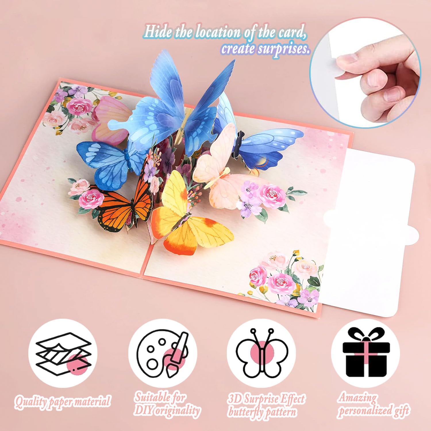 AONAT Biglietti pop-up farfalla e fiori, Biglietto di auguri pop-up con farfalla e fiori per moglie, fidanzata e mamma, biglietti regalo, biglietti di laurea