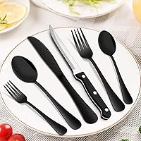 Vista 4 de E-far Juego de cubiertos negros de 24 piezas con cuchillos para carne y bandeja organizadora, cubiertos de acero inoxidable para 4, utensilios
