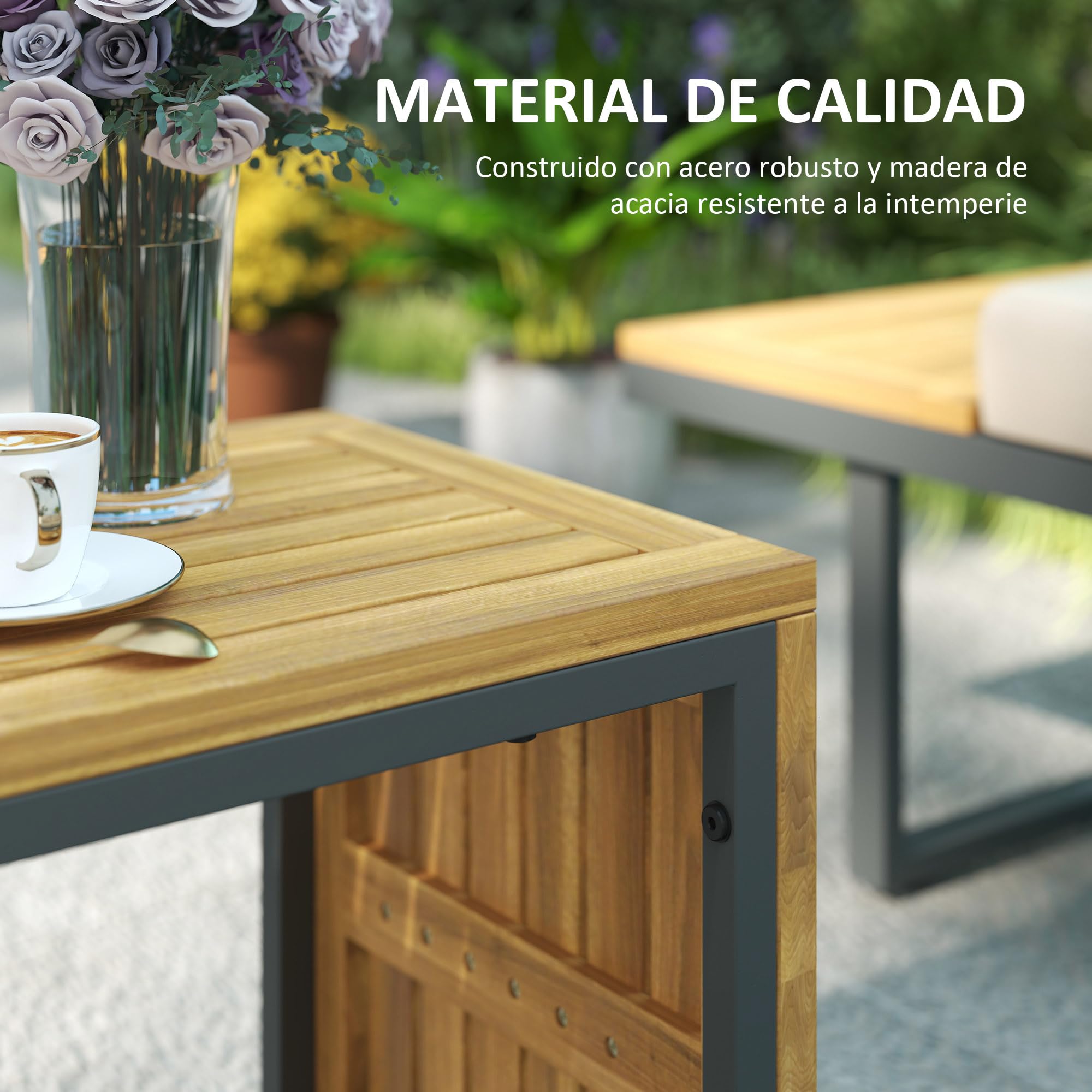 Outsunny Conjunto de Muebles Jardín Exterior Sofás de Exterior en Forma de L Tumbona con 2 Sofás de 3 Plazas Asiento Ajustable y Mesa de Madera de Acacia Versátil con Cojines Beige y Gris
