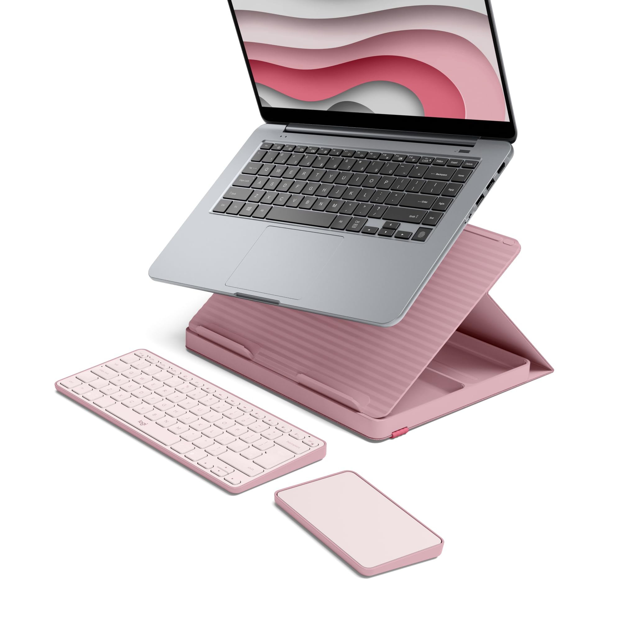 Logitech Casa Pop-Up Desk Laptop Stand, USB C Charger Cable, Bluetooth, Wireless Keyboard with Touchpad for Tablet, Chromebook, MacBook 10 Inch to 17 Inch, QWERTY UK English Layout - Pink
