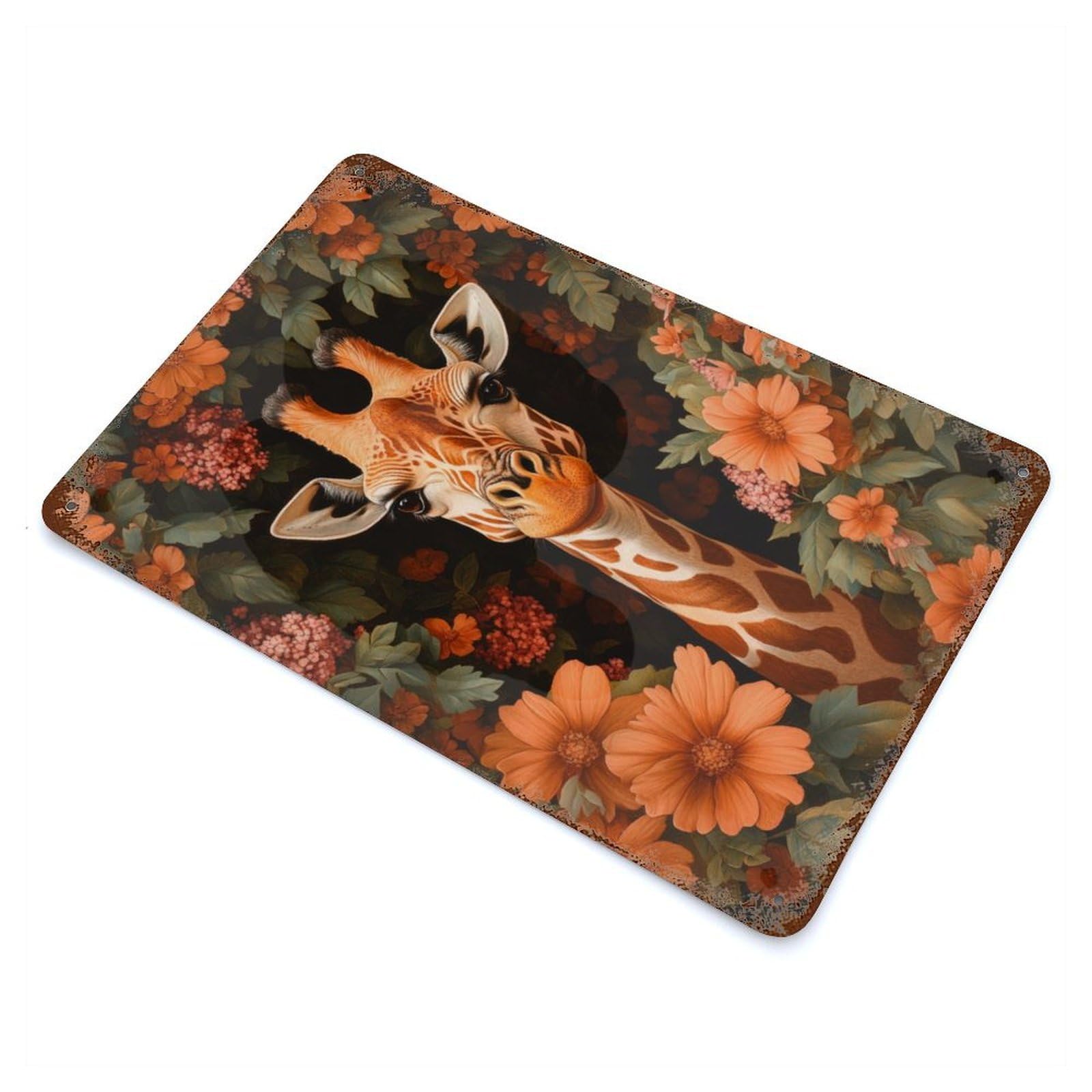 Giraffe in Bloom Vintage Wall Sign 11.8"x7.9", Rust Effect Metal Decor for Living Room, Hallway And Home Decor