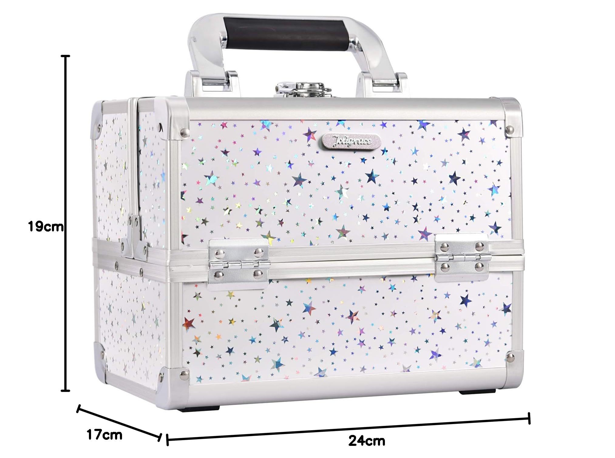 Joligrace Estuche organizador de maquillaje para cosméticos, caja de almacenamiento de belleza, caja de tocador con espejo con cerradura y llaves, Estrella holográfica blanca