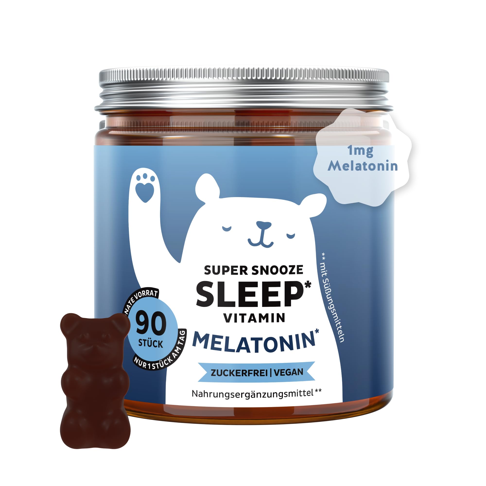 Super Snooze Sleep Vitamin - wit 1mg Melatonin Hochdosierter, Vitamin B6-90 Stücks (3 monate) - Zuckerfrei, Vegan - Bears with Benefits