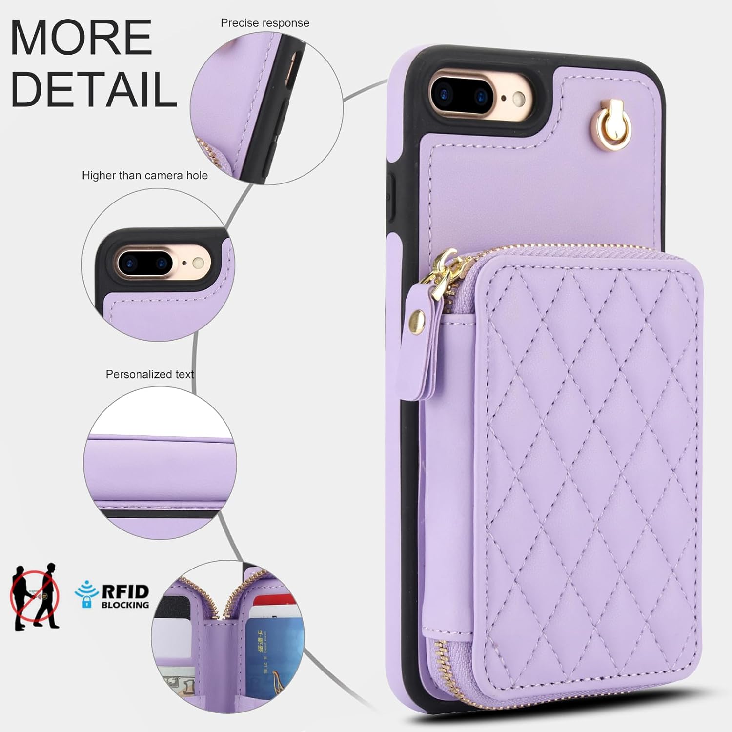 Phone Case for iPhone 7plus 8plus 7/8 Plus Wallet Cell Cover with Tempered Glass Screen Protector Wrist Crossbody Strap RFID Blocking Card Holder TPU i Phone7s 7s + 7+ 8s 8+ Phones8 7p 8p Women Purple
