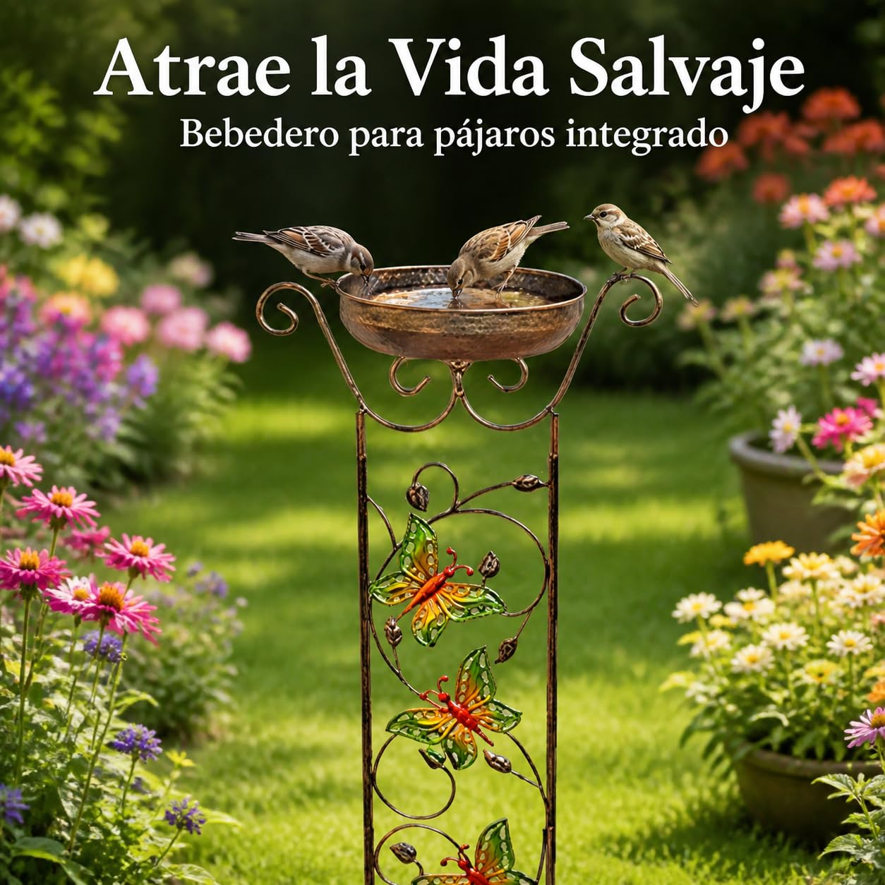 Comedero pájaros Exterior rústico, baño pájaros Metal, Soporte Hierro jardín, decoración terraza, Butterfly