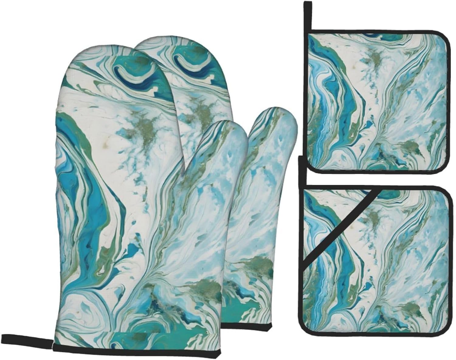 (Teal and Gold Marble) Baking 4-Piece Set: 2 Oven Mitts and 2 Pot Holders Heat Resistant Waterproof Hanging Loop for Kitchen Oven Grill Housewarming Gifts