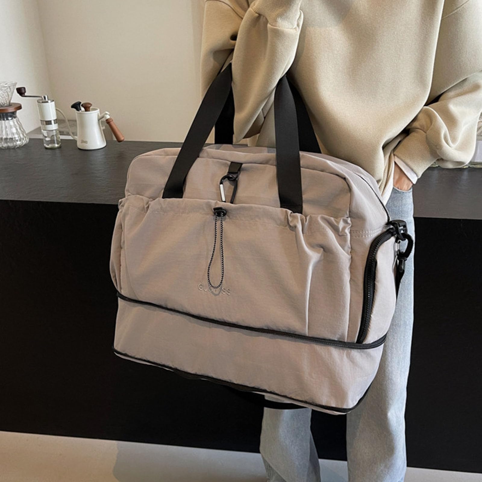 Wasserdichte Reisetasche, erweiterbar, für Fitnessausrüstung, Schwimmzubehör und Ausflüge, Geschäftsreisen, unverzichtbare Tasche, khaki