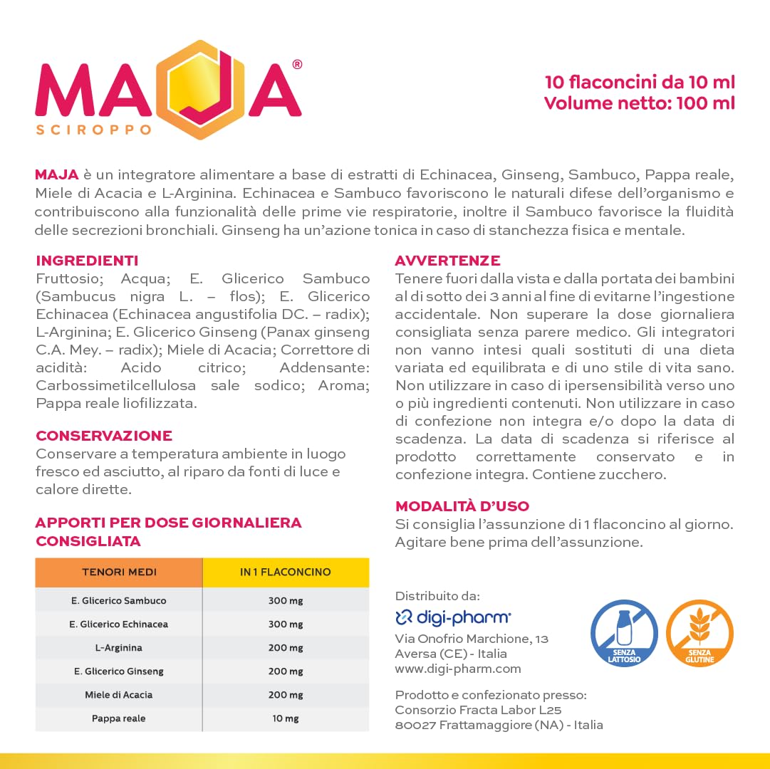 MAJA Pappa Reale Integratore Potente Ricostituente Energia Fisica e Mentale Adulti Bambini Sportivi con Echinacea Miele di Acacia Ginseng Sanbuco Arginina 10 Flaconi Made in Italy