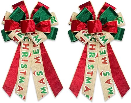 Estivaux 2 Pieces Christmas Bows for Wreath, Merry Christmas Wreath Bows Red Green Velvet Bow Winter Holiday Craft Ribbon Bow Xmas Tree Topper Bows for Front Door Christmas New Year Decorations