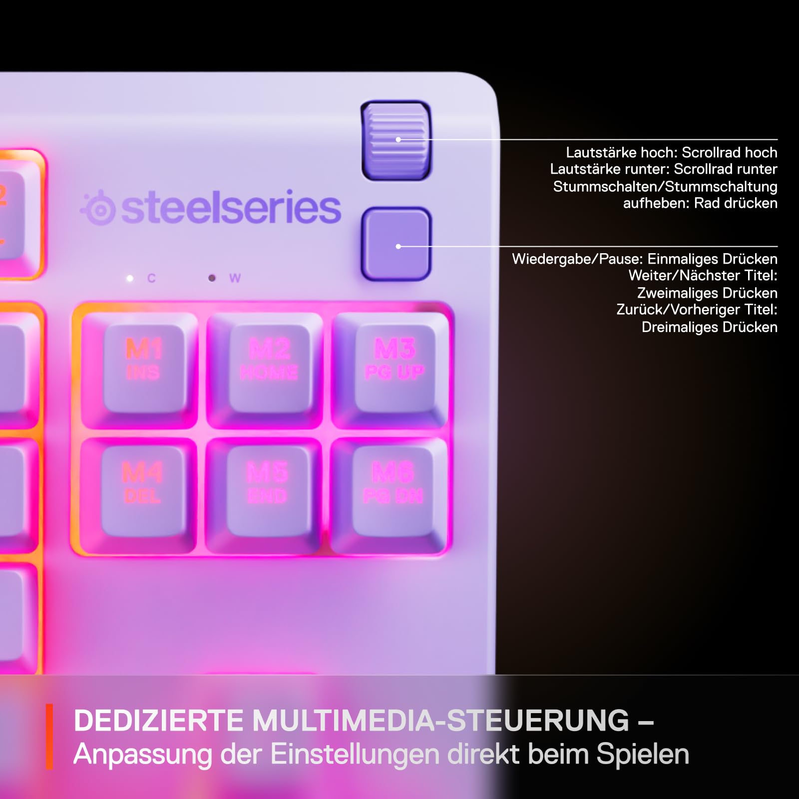 SteelSeries Apex 3 TKL Lavendel RGB Gaming-Tastatur – Kompakter Tenkeyless-Formfaktor – 8-Zonen-RGB-Beleuchtung – Wasser- und Staubresistenz – Flüsterleise Gaming-Switches - UK Layout QWERTY – Bild 6
