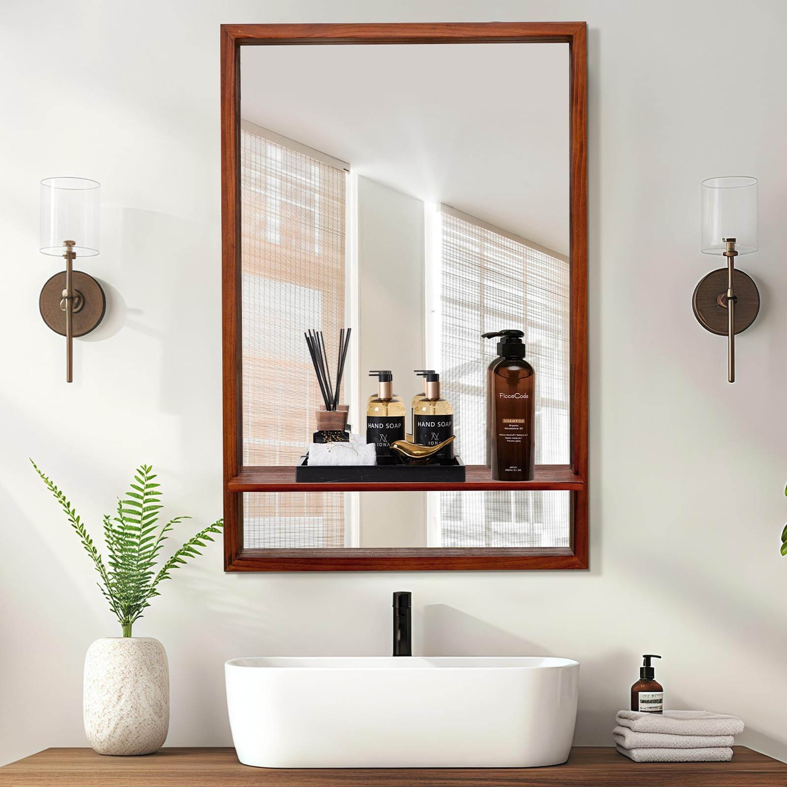 Amazon.com: AGATEO Solid Wood Wall Mirror with Shelf – Round Wood Frame ...