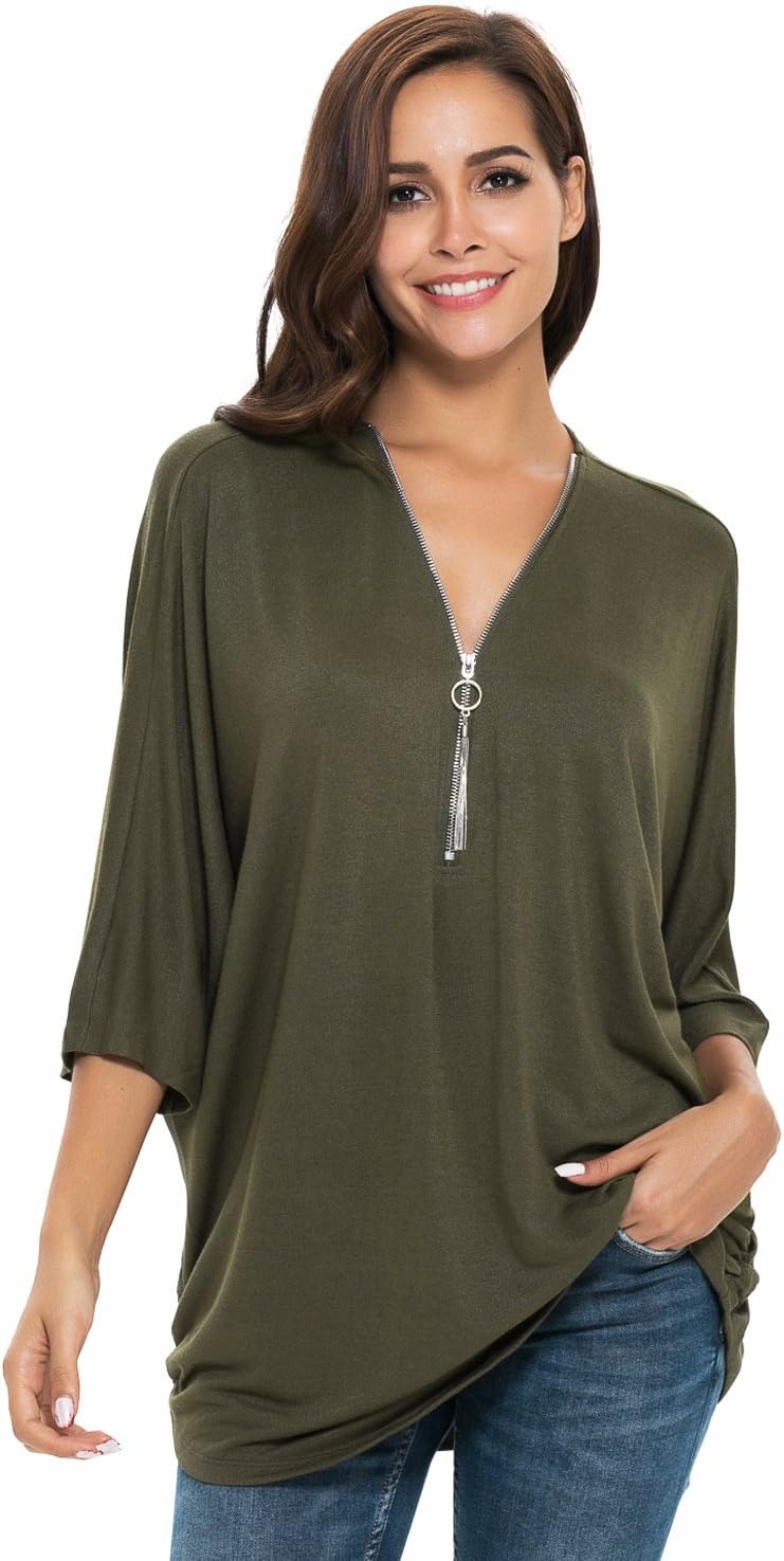 Women's Sexy Plunging V Neck Zipper Pullover 3/4 Sleeve Casual Loose Shirt Blouse Top (S-XL)