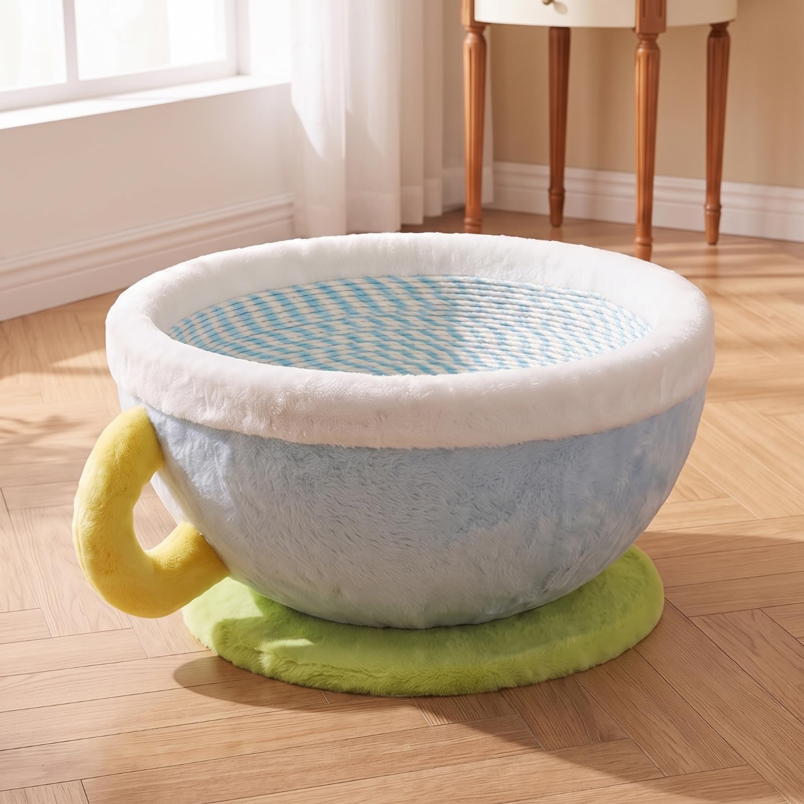 kowaku Griffoir Lit Tasse Corbeille Bol Confort Grattoir Texturé Moelleux en Peluche et Sisal Facile à Déplacer Adapté au, 40 40 21cm, Tasse À Café Bleue - Échelle en Corde Enroulée