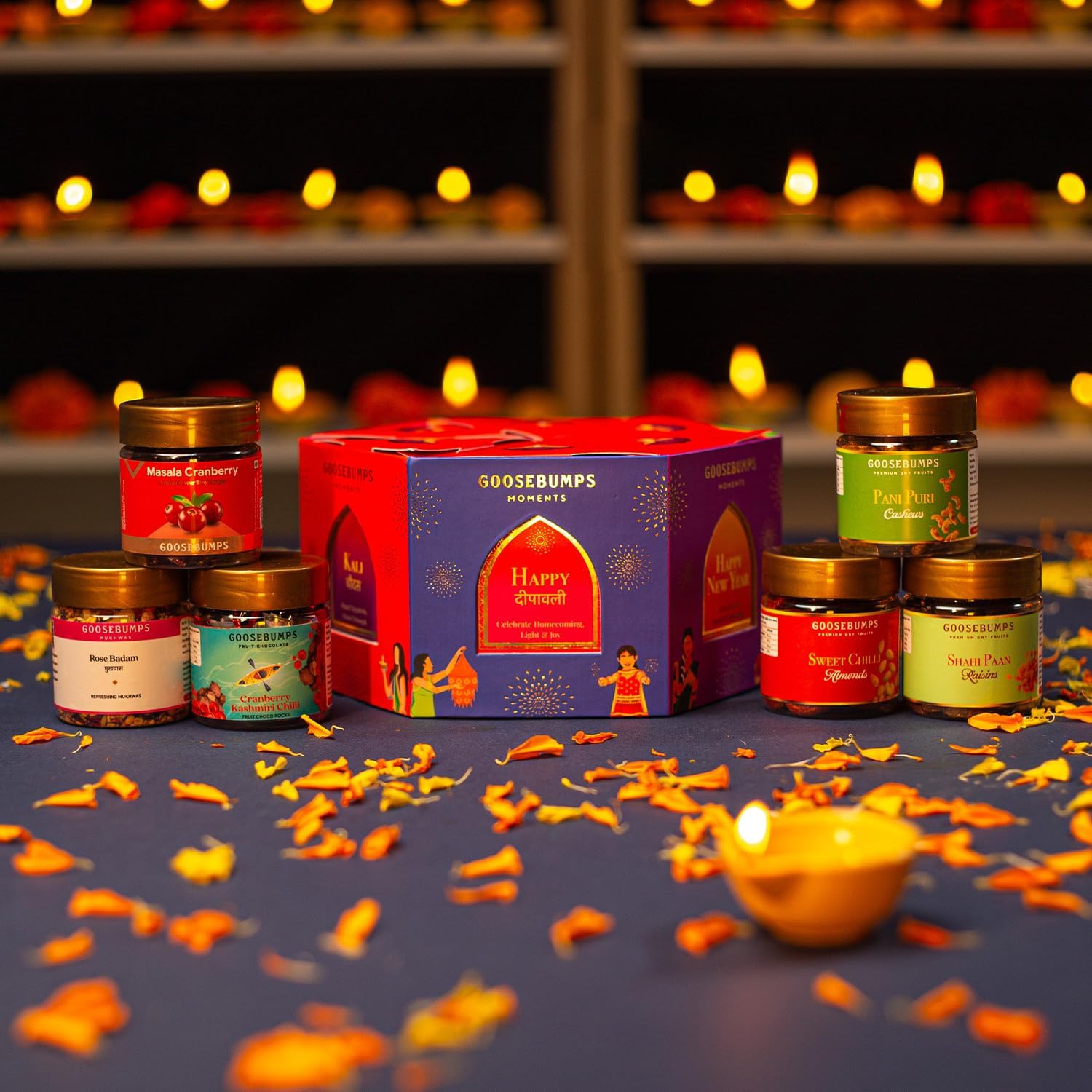 Goosebumps Diwali 6 Days Celebration Hexagon Gift Box of 6 Thoughtful Inclusions | Celebration Box | Corporate Diwali Gift Hamper | Diwali Dry Fruit & Nuts Gift Combo I Festive Hamper | 305 GMS