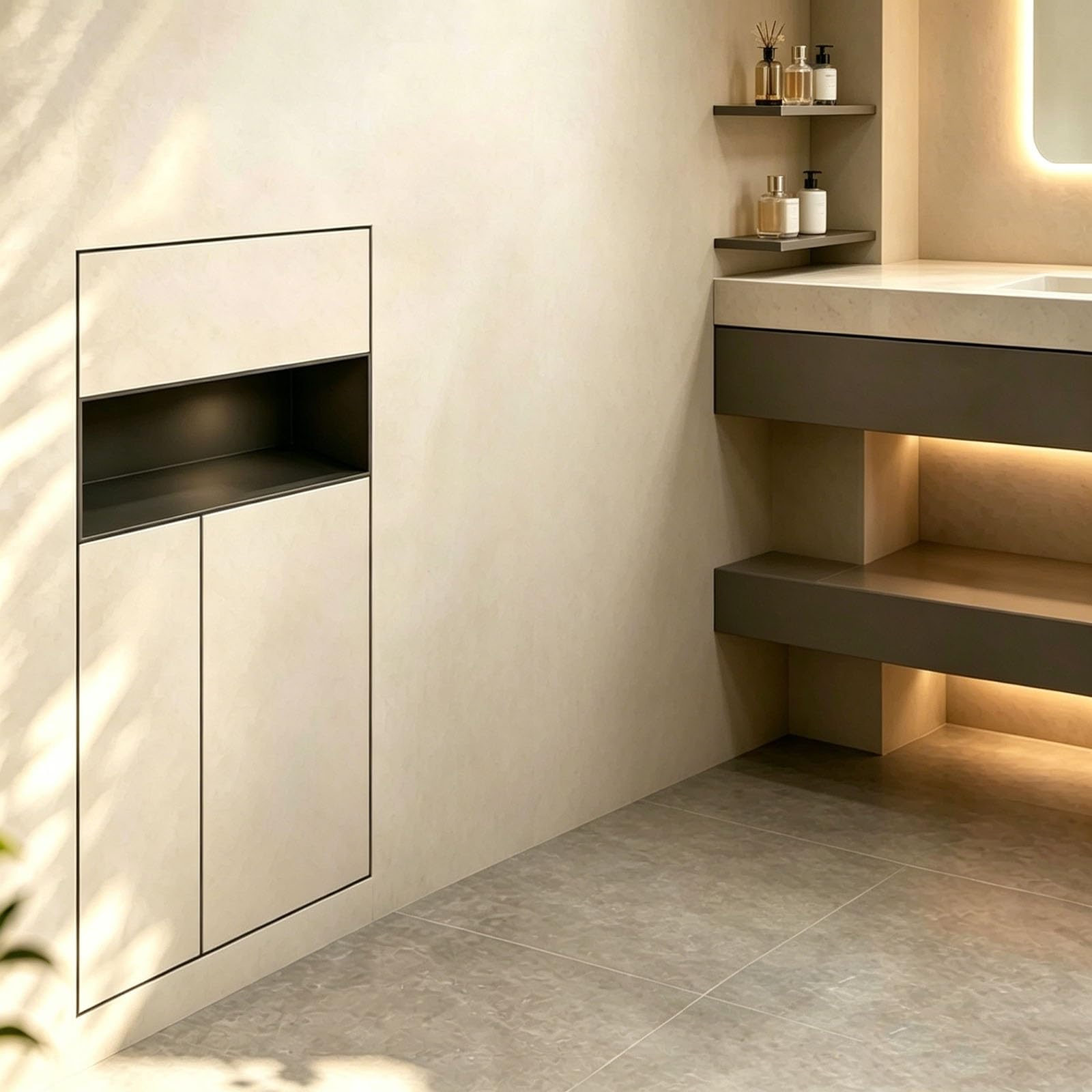 papelera, portarrollos y escobillero empotrados ni Mueble Empotrado 4 En 1 Para Baño Incluye Compartimento Oculto Para Basura, Soporte Para Papel Higiénico, Repisa Para El Teléfono Y Escobillero