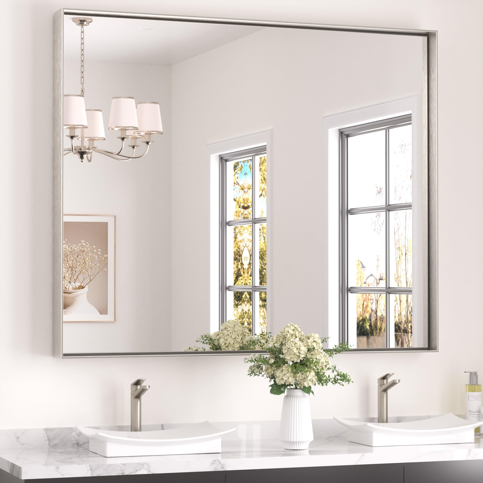 Keonjinn 48x40 Inch Nickel Bathroom Mirror for Over Sink, HD Tempered Glass