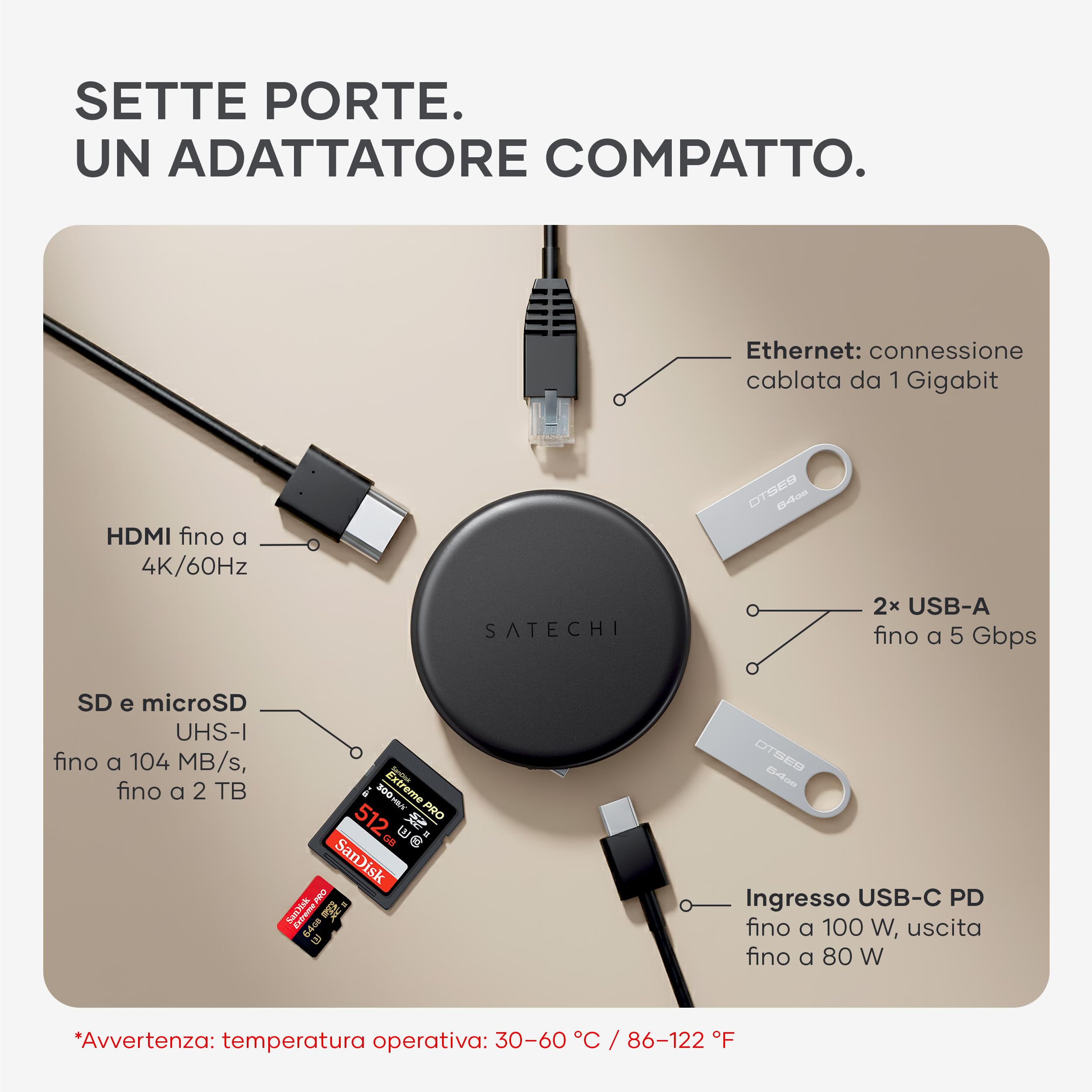 SATECHI OntheGo™ Hub USB-C Magnetico 7 in 1 con Cavo Avvolgibile, PD 100W, HDMI 4K@60Hz, Ethernet, 2×USB-A 5 Gbps, SD/microSD per MacBook Neo/Air/Pro, Laptop e iPad – Nero | PD 100 W, Gigabit Ethernet, due porte tipo A 5 Gbps, lettore SD/microSD, cavo a s