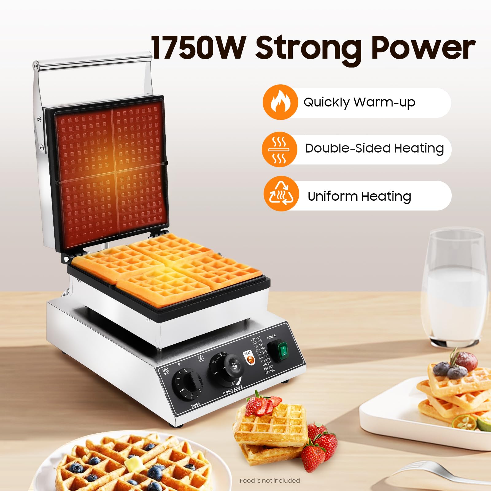 4 Psc Waffle Maker, 1750W 110V Commercial Electric Non-Stick Pancake Maker Machine With Temperature Regulation & Timing,122-572?,Stainless Steel Waffle Maker For Restaurant,Bakeries,Snack Bar