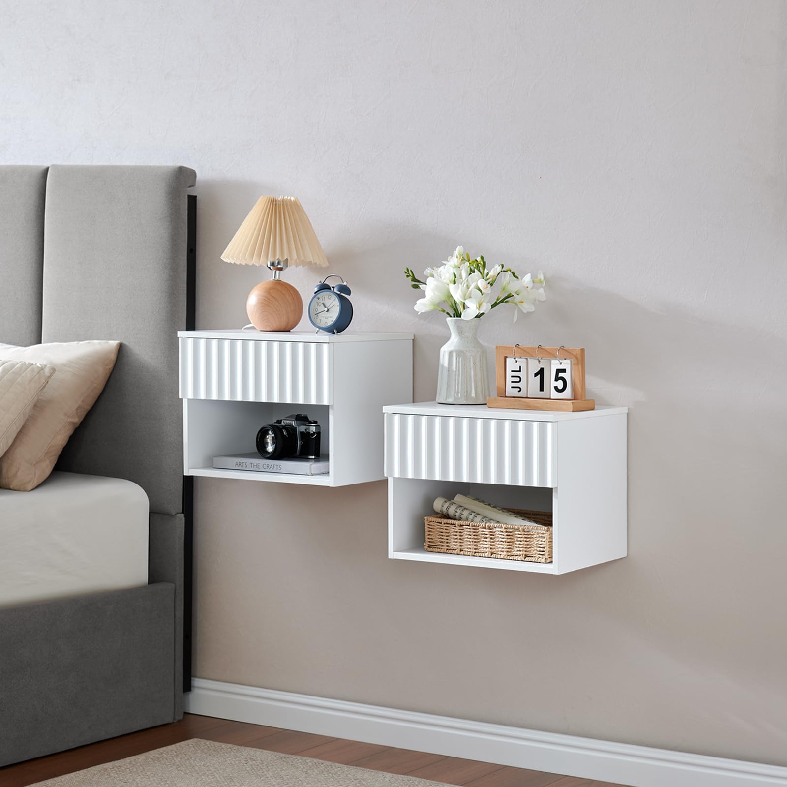 BuildHom Floating Nightstand with Fluted Drawer - Modern Wall Mounted Bedside Table with Open Storage Shelf, Small Night Stand TV Stand for Bedroom(