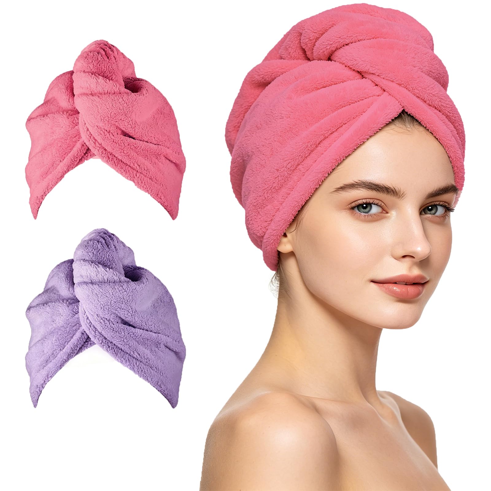 ADOGO Microfiber Hair Towel - 2 Pack Hair Turbans for Wet Hair, Drying Hair Wrap Towels for Women and Kids - Suitable for All Hair Types（Pink，Purple） Purple+pink