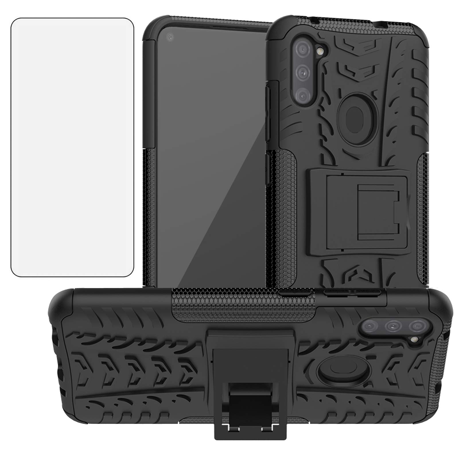 Phone Case for Samsung Galaxy A11 with Tempered Glass Screen Protector Cover and Stand Kickstand Hard Rugged Hybrid Protec...