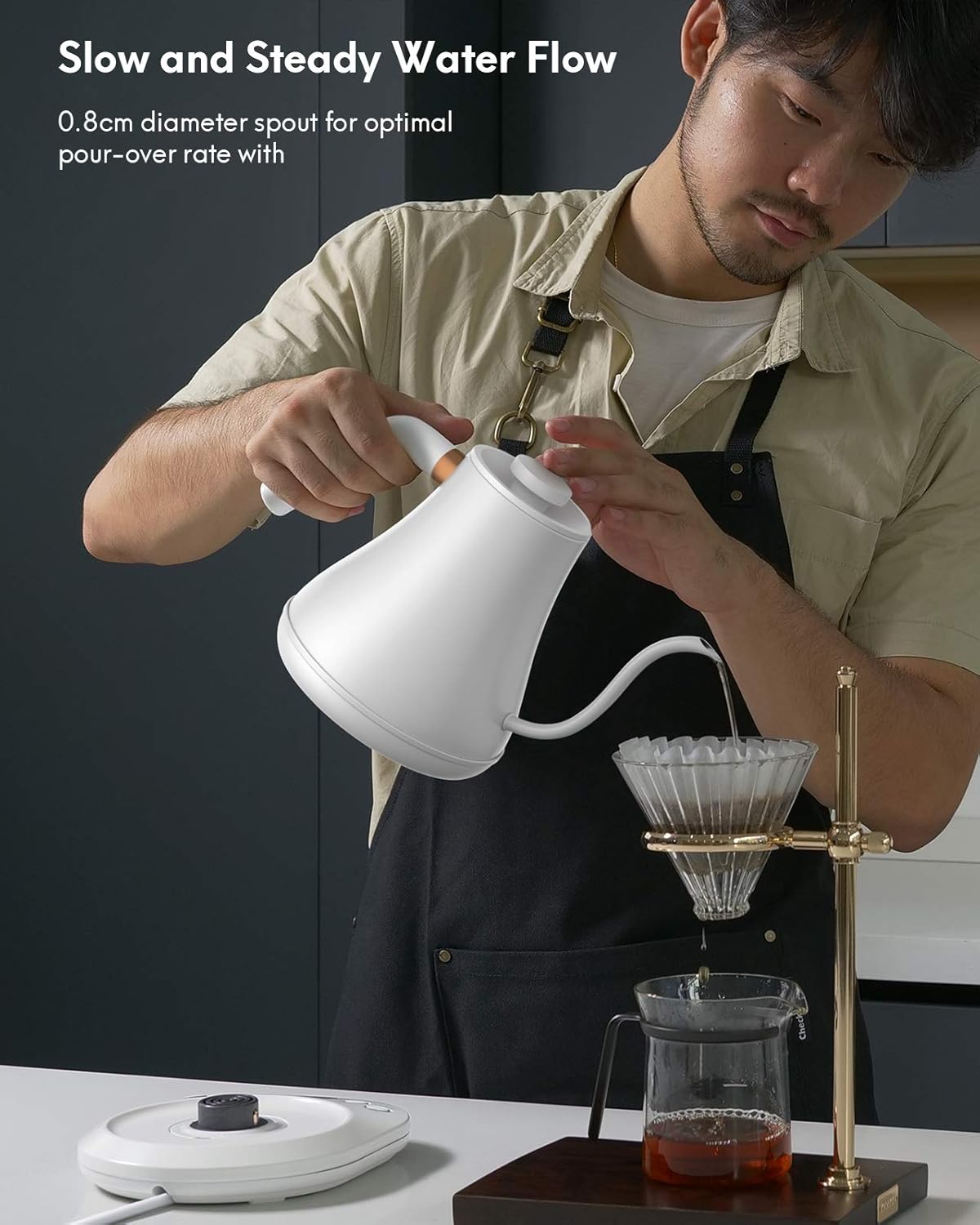 Electric Gooseneck Kettle Temperature Control, Pour Over Kettle for Coffee and Tea, 100% Stainless Steel Inner Lid and Bottom, 1200W Rapid Heating,0.8L, Built-in StopWatch, Matt White.: Home & Kitchen