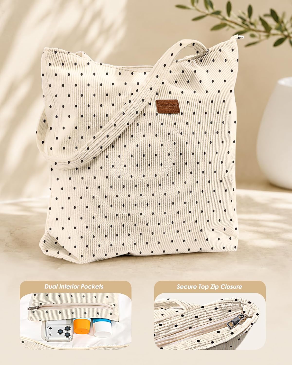 Aesthetic Corduroy Tote Bag with Zipper for Women