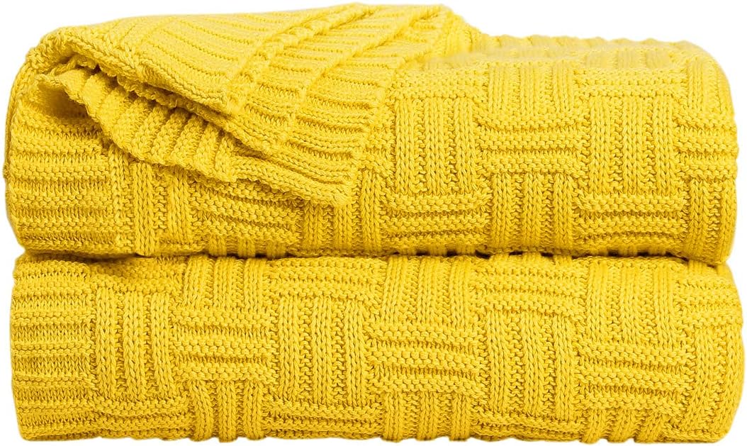 uxcell 100% Cotton Cable Knit Throw Blanket,Soft Lightweight Lap Blanket,Textured Solid Sofa Throw Couch Cover Decors Knitted Blankets, Yellow 50"x 60"