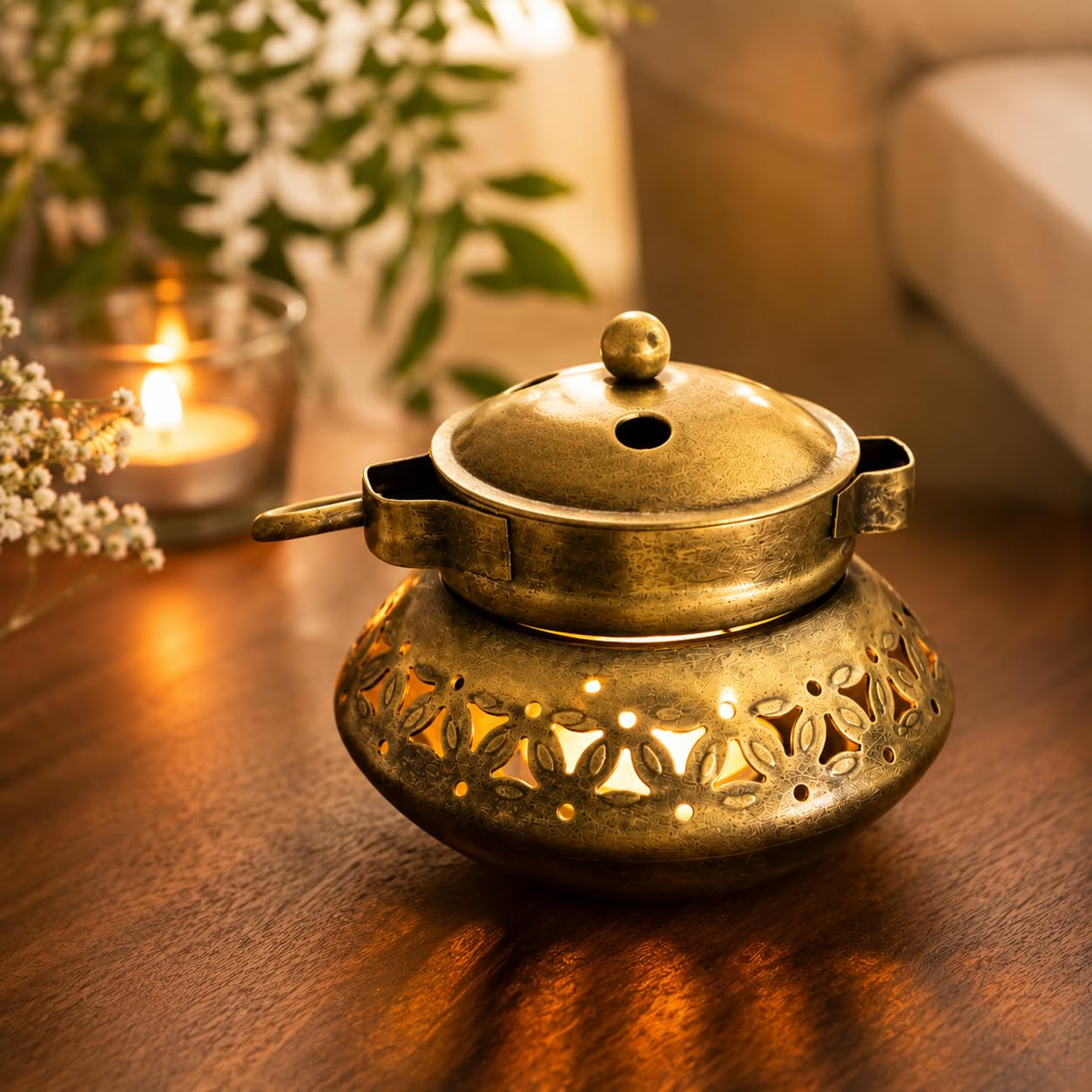 Pranjals House Metal Tealight Candle Holder Lantern, Antique Gold, 5 Inch | Decorative Cutwork Design, Includes Lid & Stand, Home & Puja Decor, Reusable, 13x11 cm Size-image-21