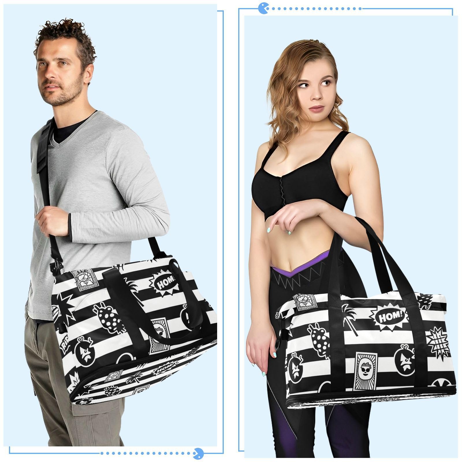 Reisetasche mit Nassfach, verstellbarer Riemen, für Trekking, multifunktional, für Damen und Herren, Schwarz / Weiß gestreift