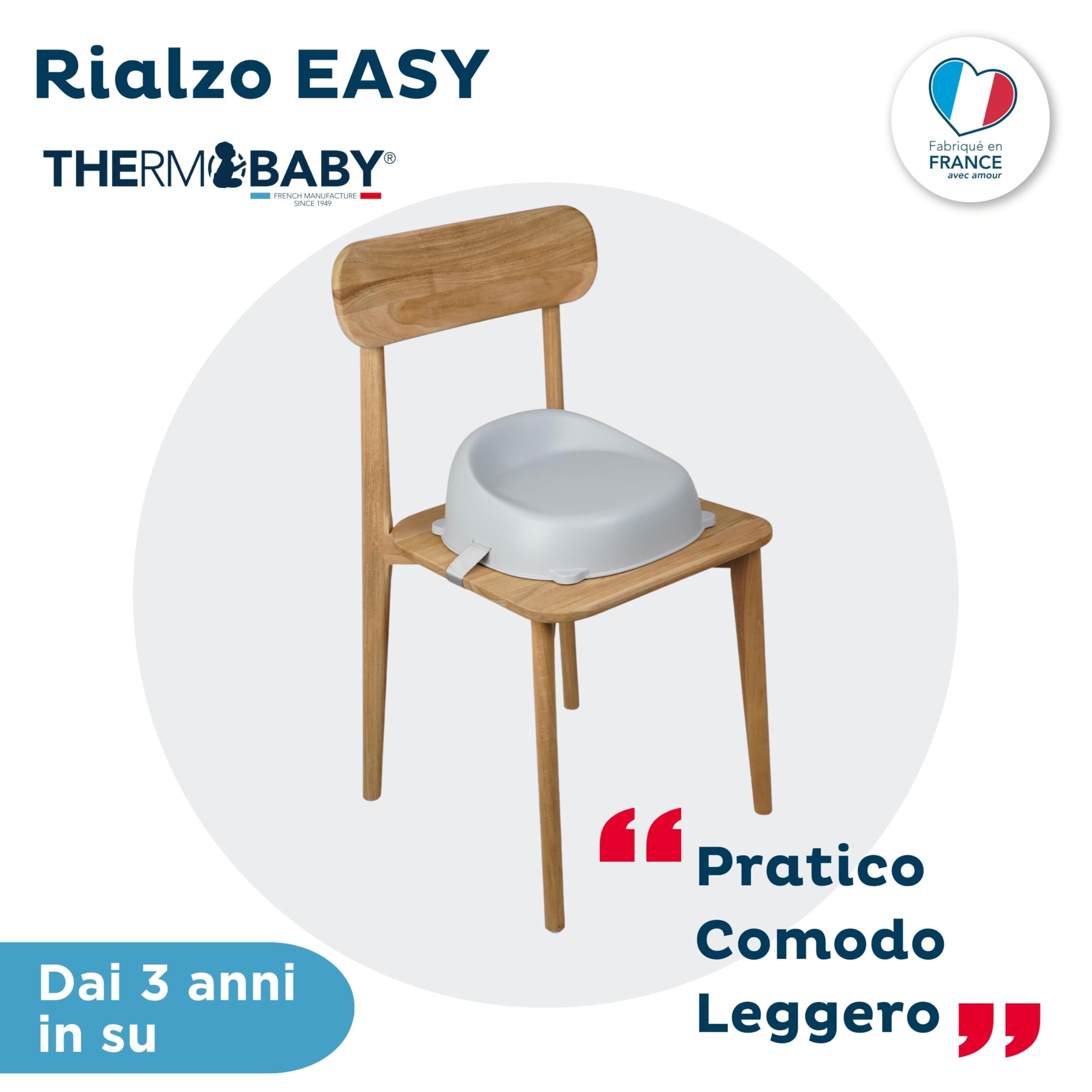 THERMOBABY - Rialzo per sedia EASY - Rialzo - Dai 3 ai 6 anni (o fino a 30 kg) - Confortevole - Leggero e Trasportabile - Facile da installare - Grigio Charme - Made in France