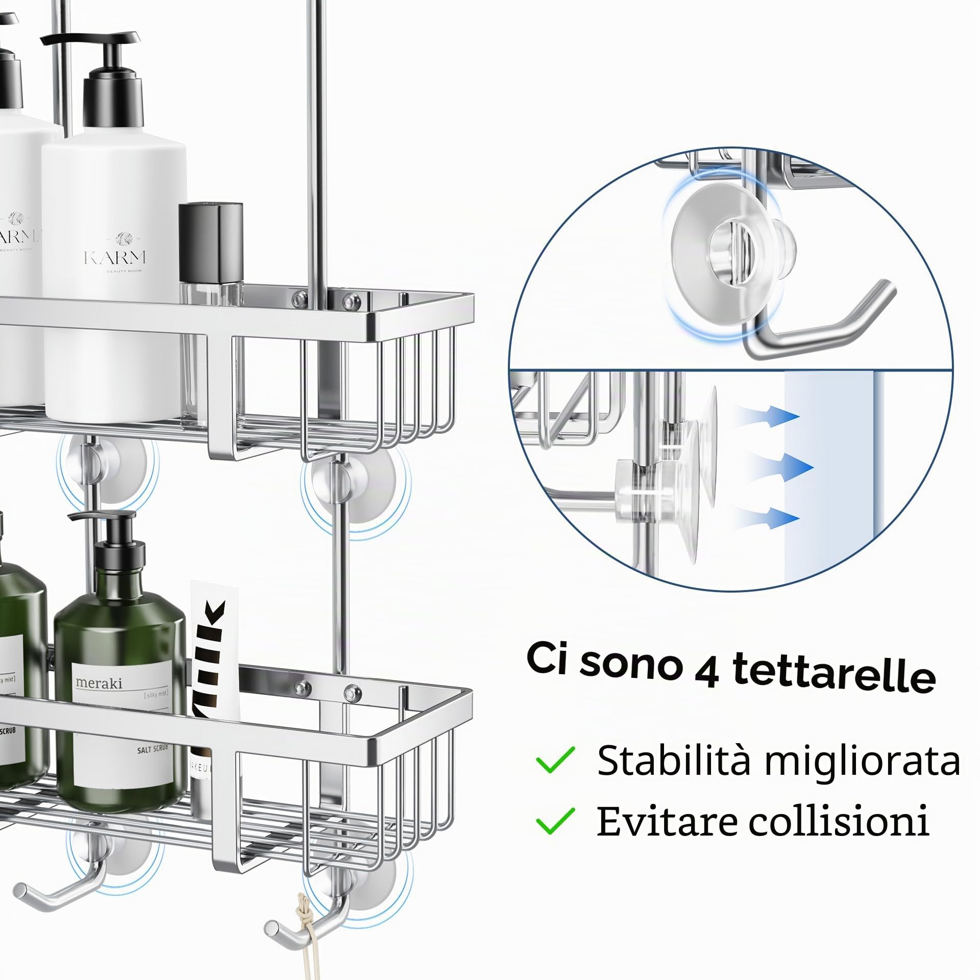 Pickpiff Mensoladoccia da appendere, mensola shampoo, supporto in vetro, cestino senza foratura, shampoo, supporto in gel, in acciaio inox, argento, altezza 57 cm