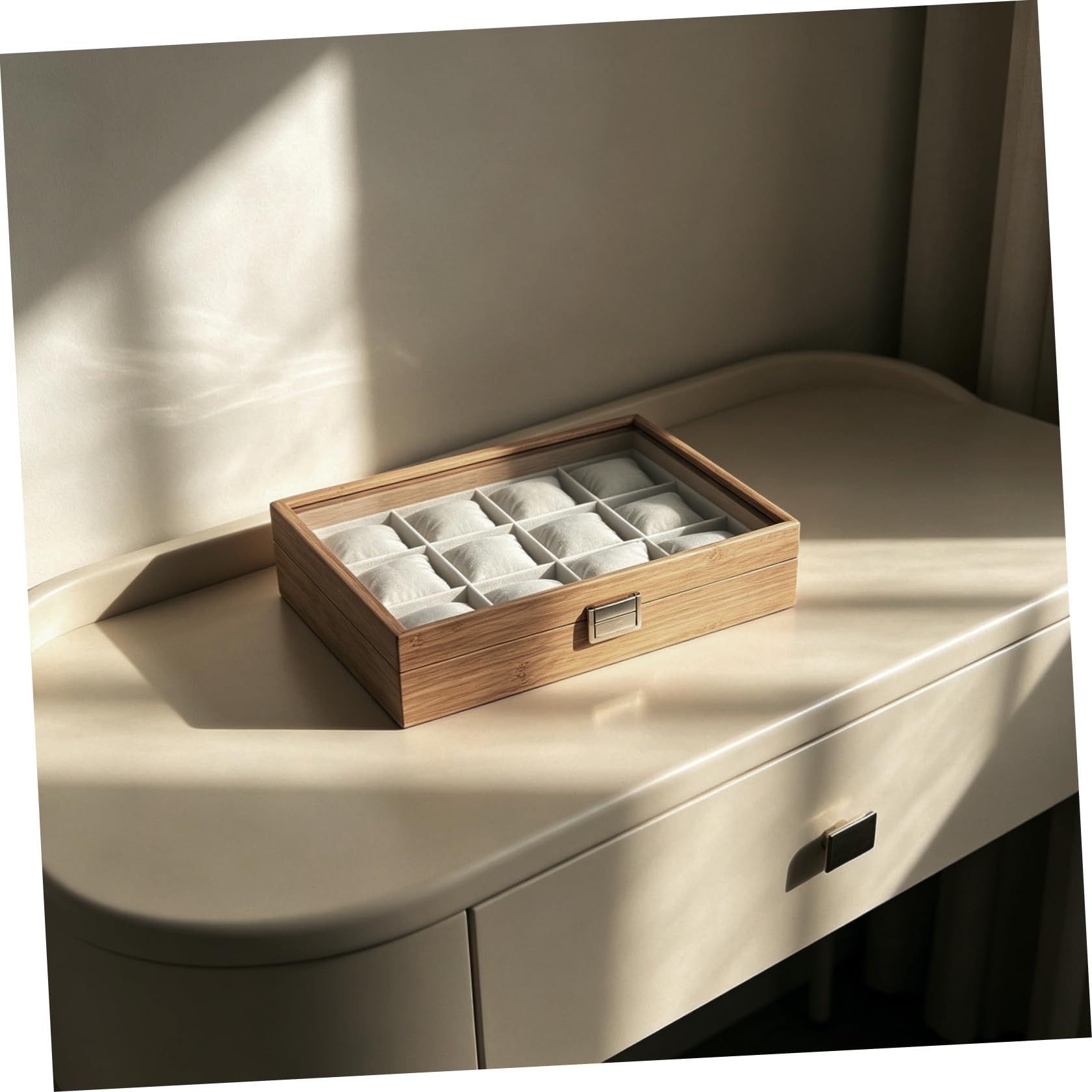 Uhrenbox mit 12 Fächern und Kissen zur Präsentation | Schmuckorganizer für Uhr und Ohrringe, Elegantes Design, 12 Herausnehmbare Weiche Polster, für Laden