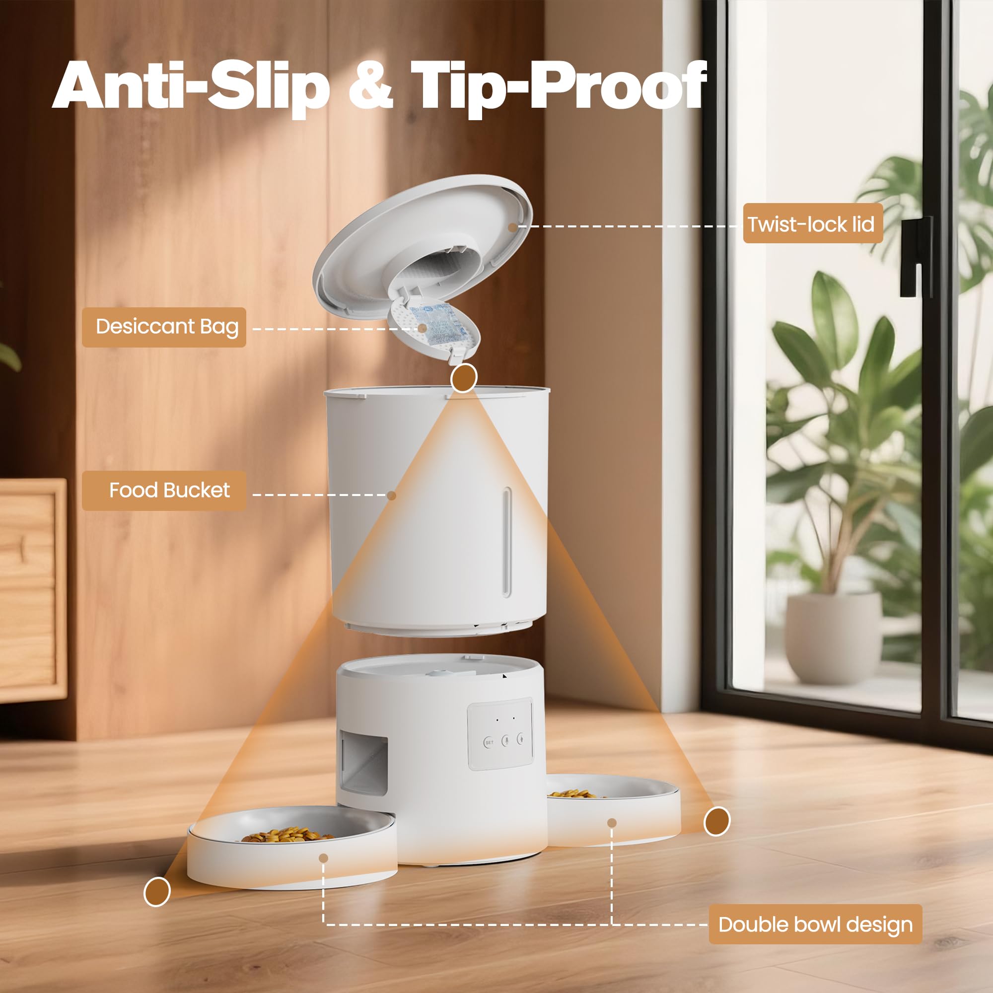 Distributore Automatico Cibo Gatti 2 Ciotole: 5L Distributore Automatico Cibo Cane con Timer WiFi 2.4G per Crocchette - Design Doppia Ciotola per Famiglie con Più Gatti & Cani - Bianco