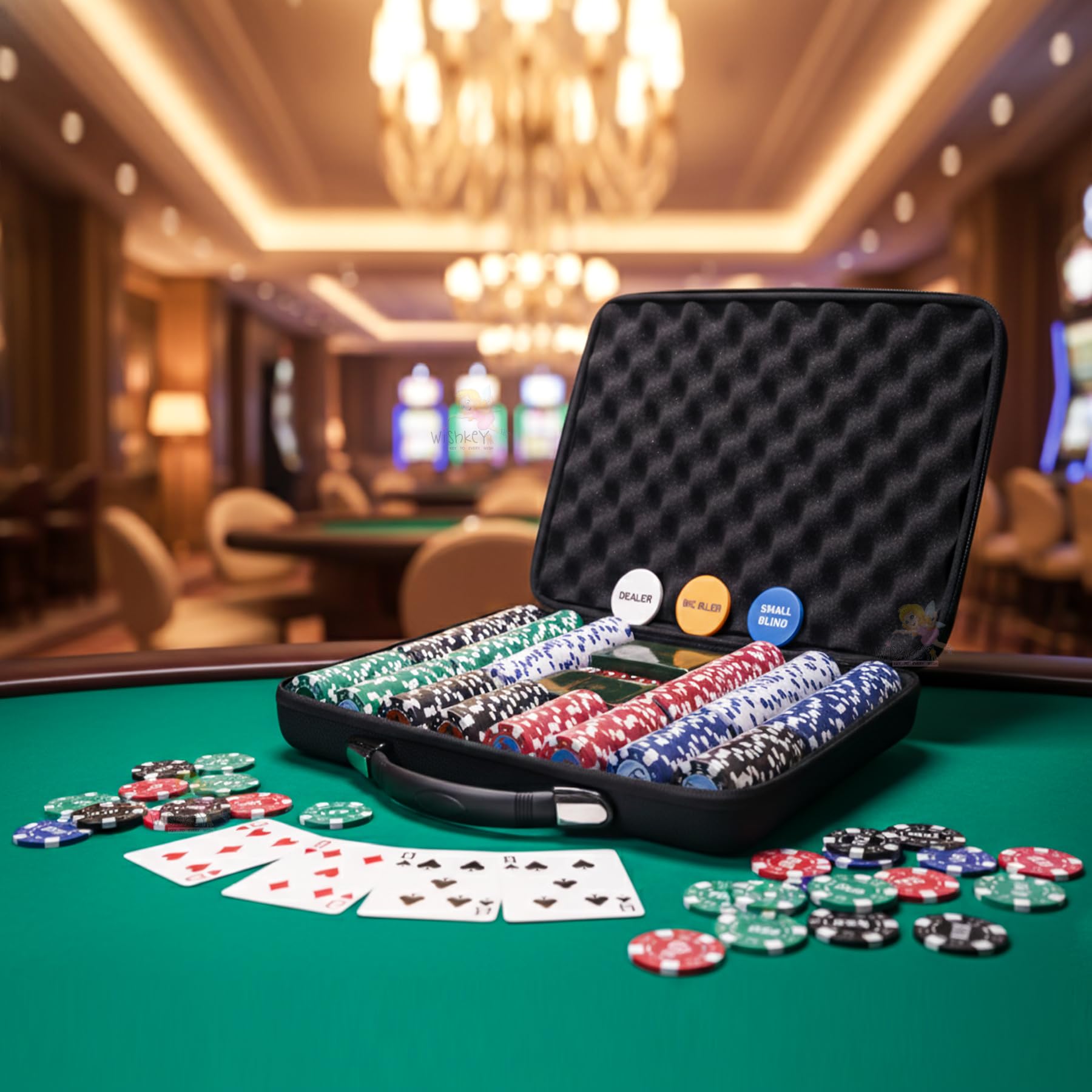 Wishkey Poker Chips Set 500 PCS With Rupee Printed Chips, 5 Dice, 2 Decks of Playing Cards, 3 Dealer Buttons & Premium Carry Case Casino Style Poker Game Set for Home Party, Friends & Family 14+ Years 2