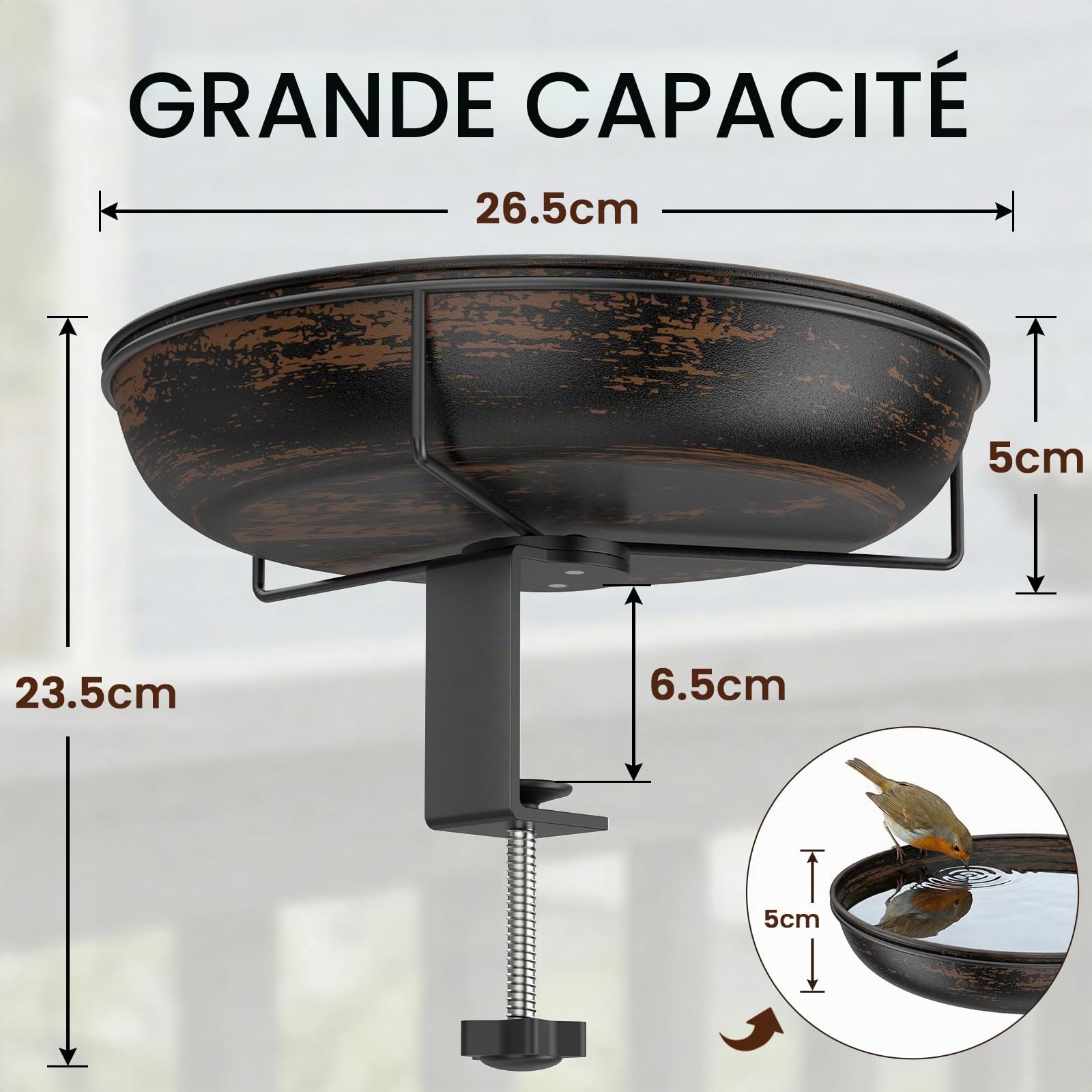 WELDUN Bain d'oiseaux suspendu pour balustrade de balcon, diamètre : 26 cm, en métal, grande capacité, antique, pour oiseaux sauvages, résistant à l'hiver, bronze vintage