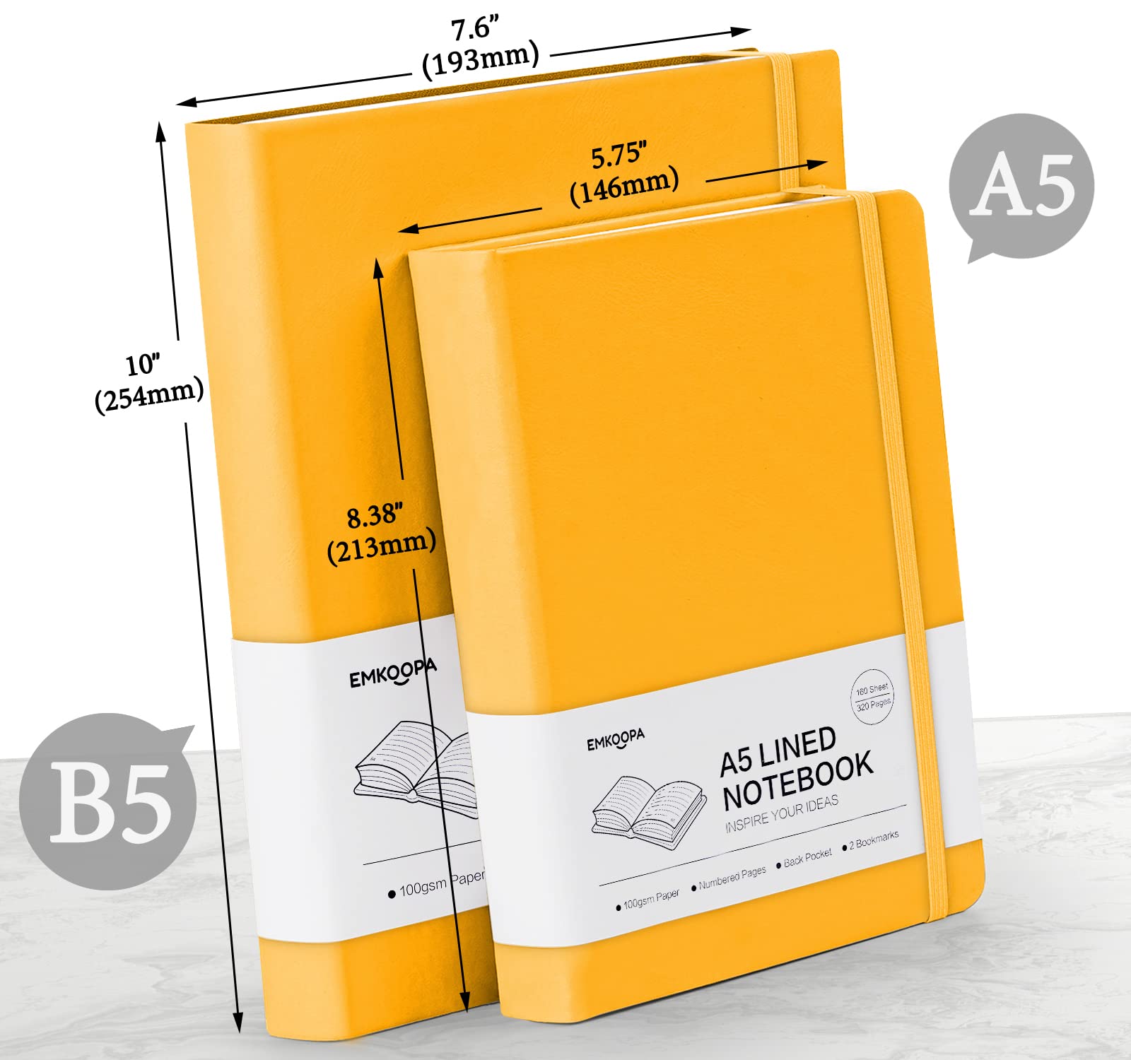 Hartes Notizbuch A5 liniert - Dickes Tagebuch mit 320 nummerierten Seiten, 1 Rückentasche und hochwertigem Hardcover für Frauen und Männer im Büro oder in der Schule, 14,5 x 21 cm (A5-Liniert, Gelb)