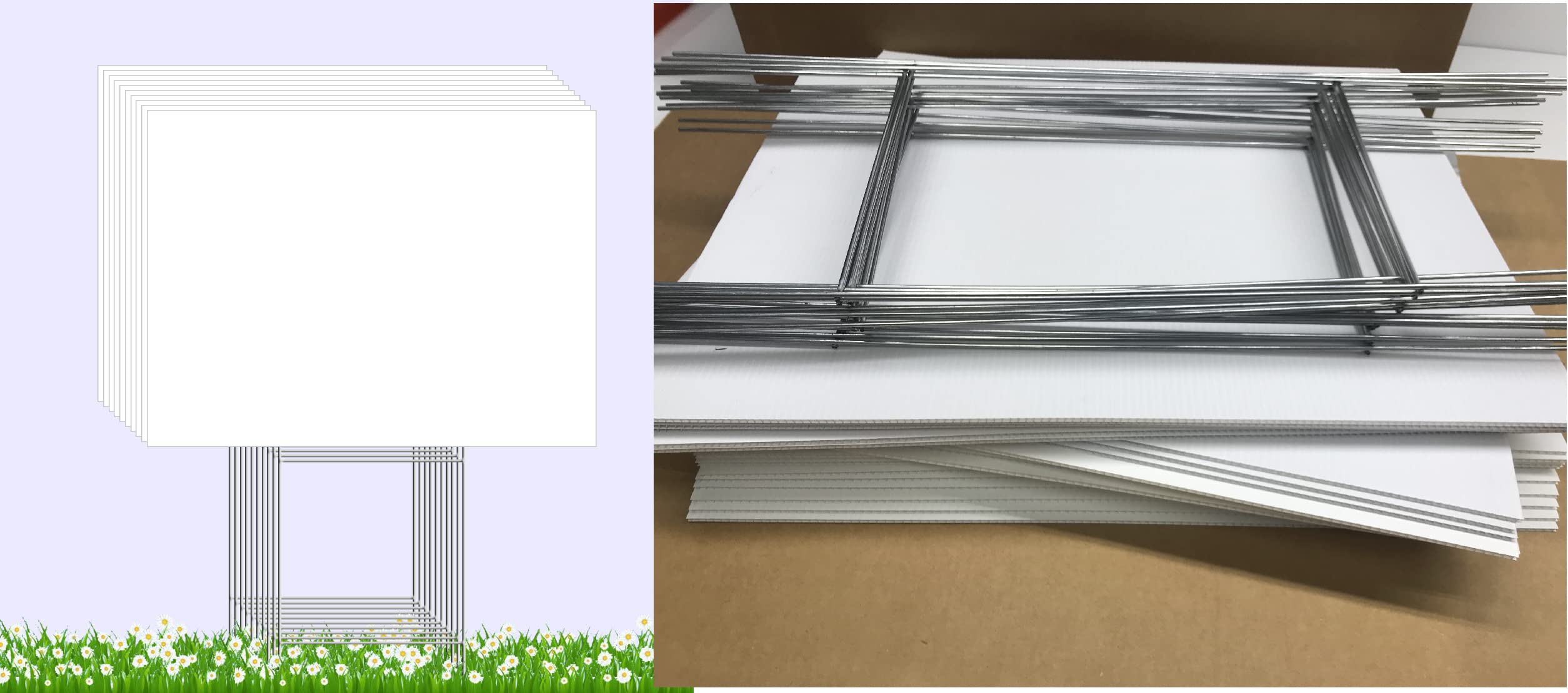 Yard Sign Pkg 10 White Signs 18 x 24 inch x 4mm Corrugated Plastic & 10 Metal Stake Double H Frame 10''x24'' x 9 Gauges Ship Same Day (Pkg10Signs18x24&10Stake24'')
